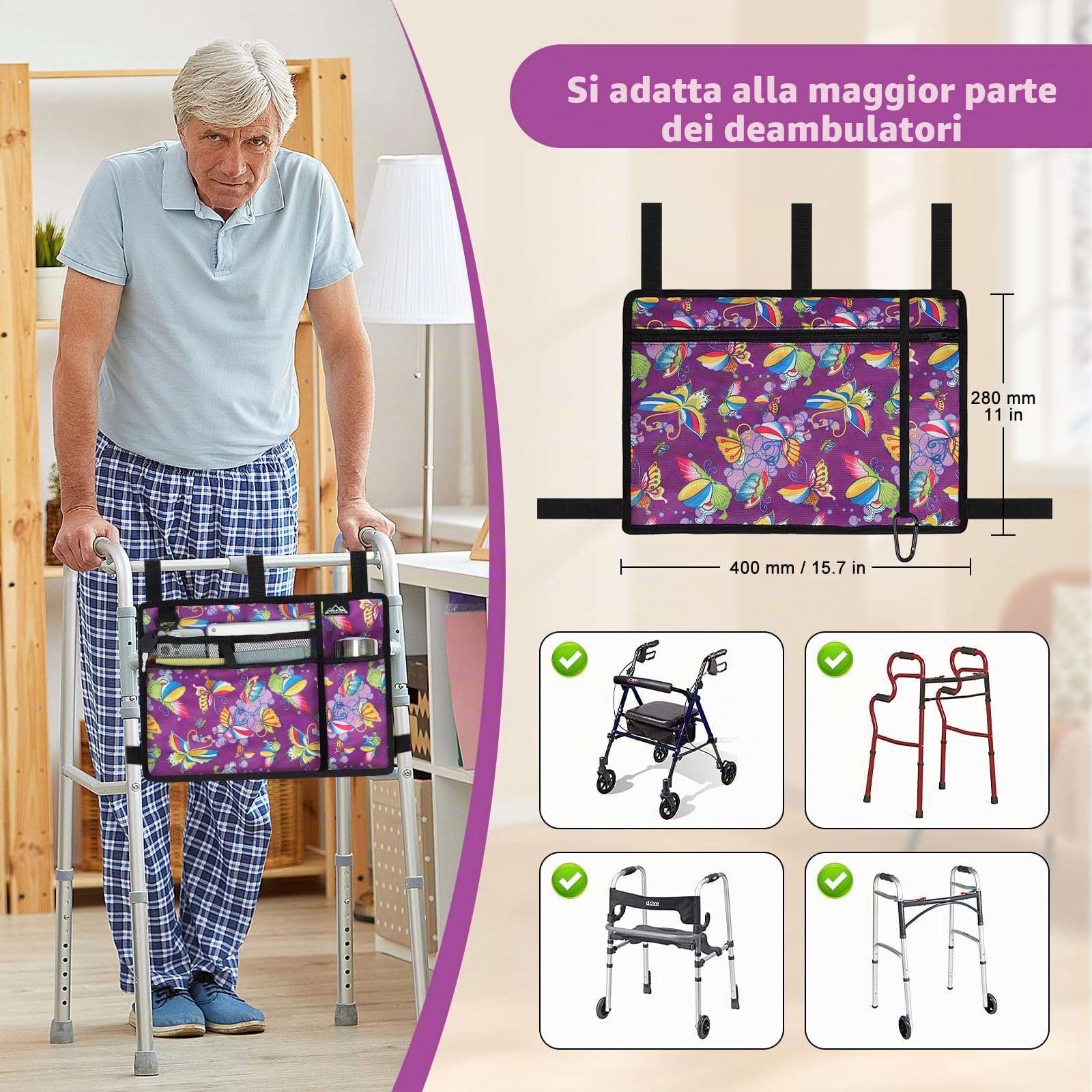 supregear Borsa per Sedia a Rotelle con Portabicchieri, Borsa per Girello Resistente All'acqua Cestino Accessori per Camminatore Pieghevole per Sedie a Rotelle, Deambulatori, Scooter (Farfalla Viola)