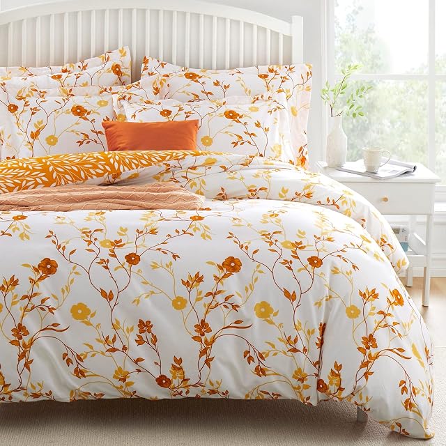 Imperial Rooms Double Duvet Cover Reversible Bedding Set (200 x 200 Cm) - 3 Piece Soft Brushed Microfiber Printed Quilt Cover with Pillowcases (Ochre Flower)