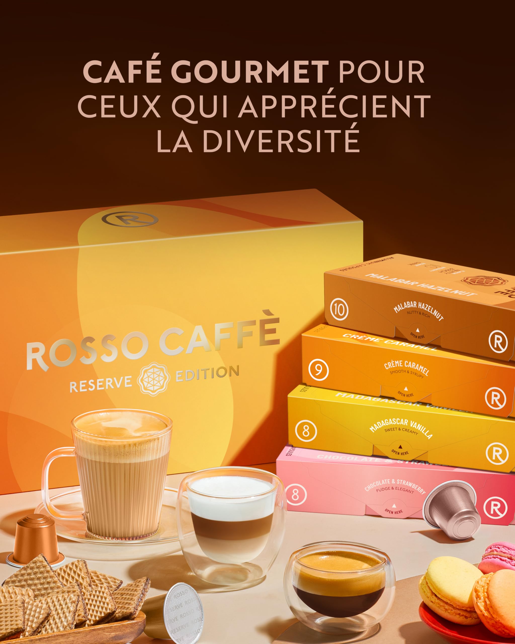 ROSSO CAFFÈ Capsules Nespresso 80 Pièces Café Aromatisé Reserve Edition, 4 Variétés Premium Assortiment, Capsules Café compatibles Nespresso, Made in Italy, compatible avec Machines Originales