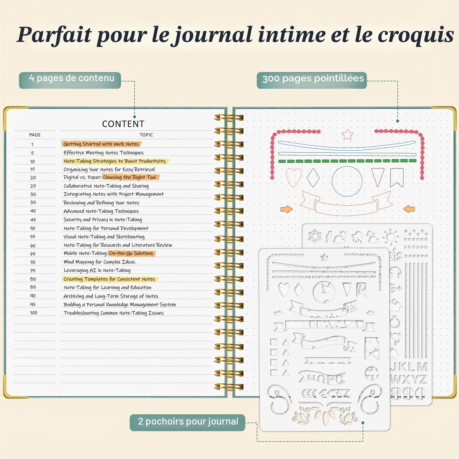 Carnet de notes à points et grille à spirale, 300 pages, carnets en cuir avec contenu, papier épais de 120 g/m² sans débordement, carnets A4 à grands points pour femmes et hommes, 21,6 cm x 28 cm