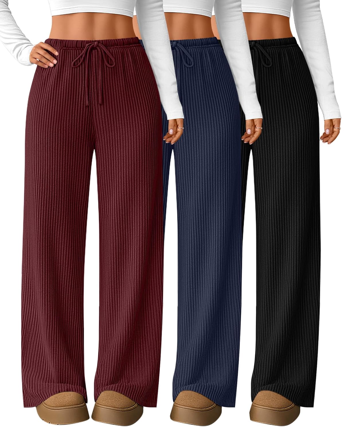 3 Pack Women Corduroy Drawstring Pants with Pockets High Straight Leg Elastic Waistband Casual Fall Winter Trousers Black