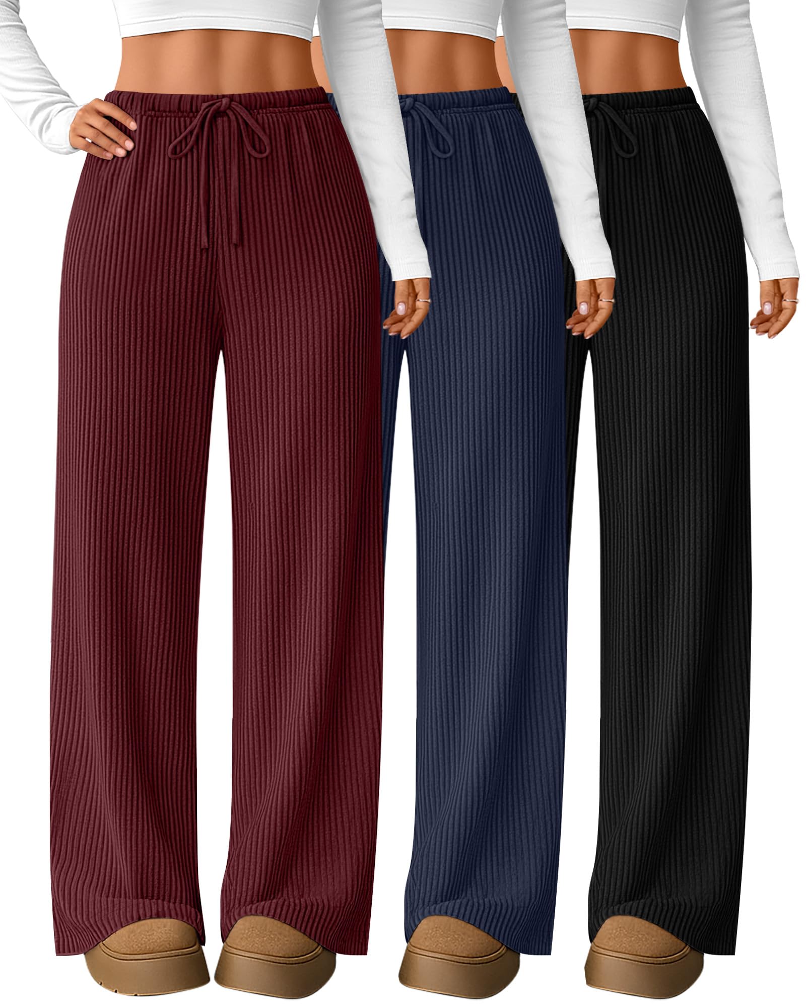 3 Pack Women Corduroy Drawstring Pants with Pockets High Straight Leg Elastic Waistband Casual Fall Winter Trousers Black