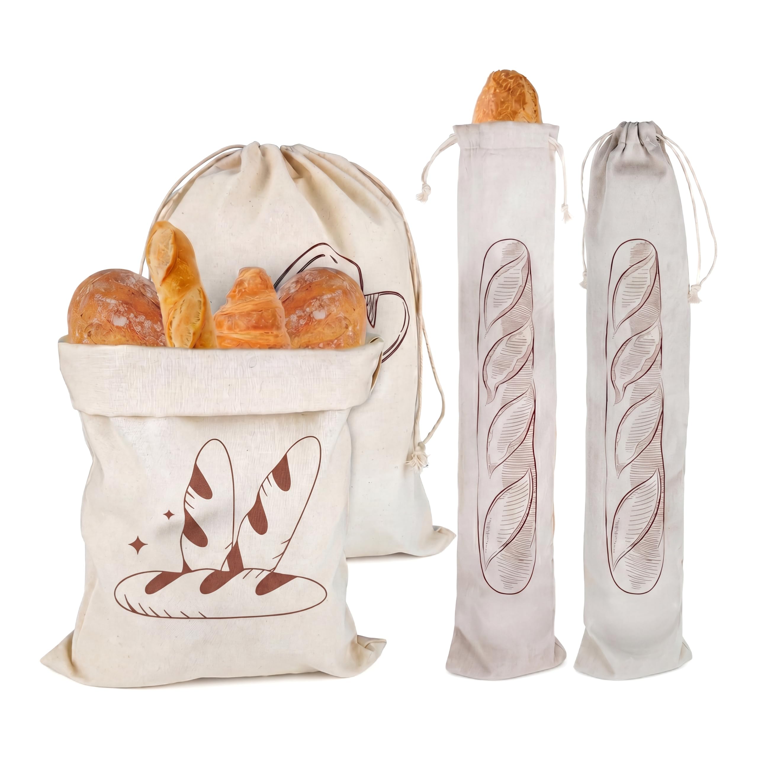4 Pcs Linen Bread Bags, 2 Sizes Reusable Bread Storage Bags with Drawstring Loaf Storage Bag to Keep Bread Fresh Baguette Bag for Dried Goods egetables Fruit