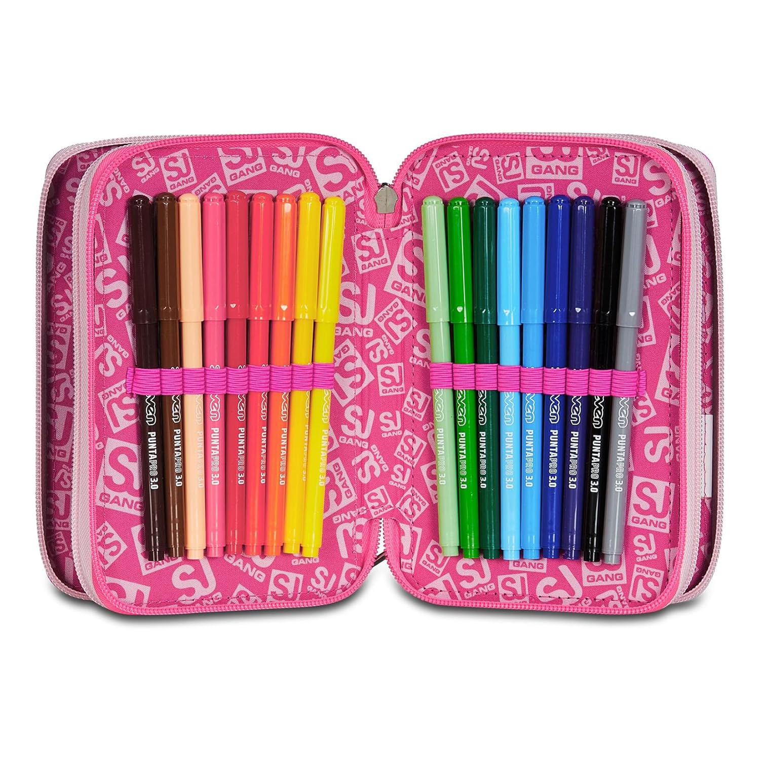 SJ GANG STYLE JAM GANG Astuccio Scuola 3 Zip, Rosa, PinkHugs, Portapenne Triplo Scomparto Completo Di Penne, Matite, Colori, Accessori Zaino, Elementari, Medie, Bambina