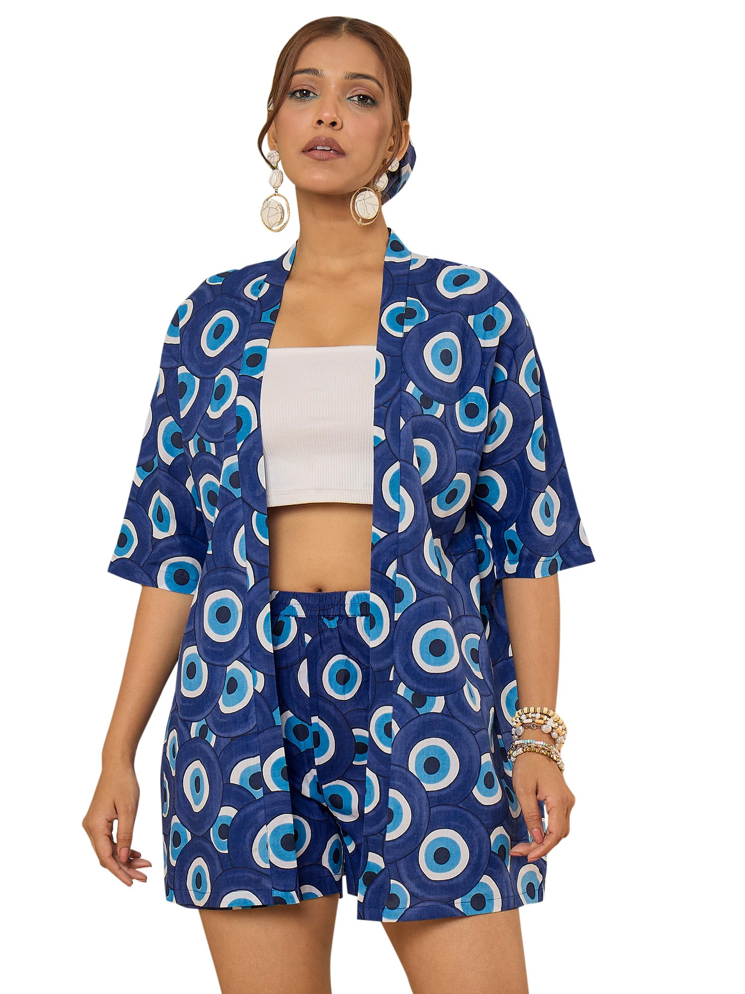 winered Cotton Blue Evil Eye Printed Kimono Cotton Co-ord Set-picture-24