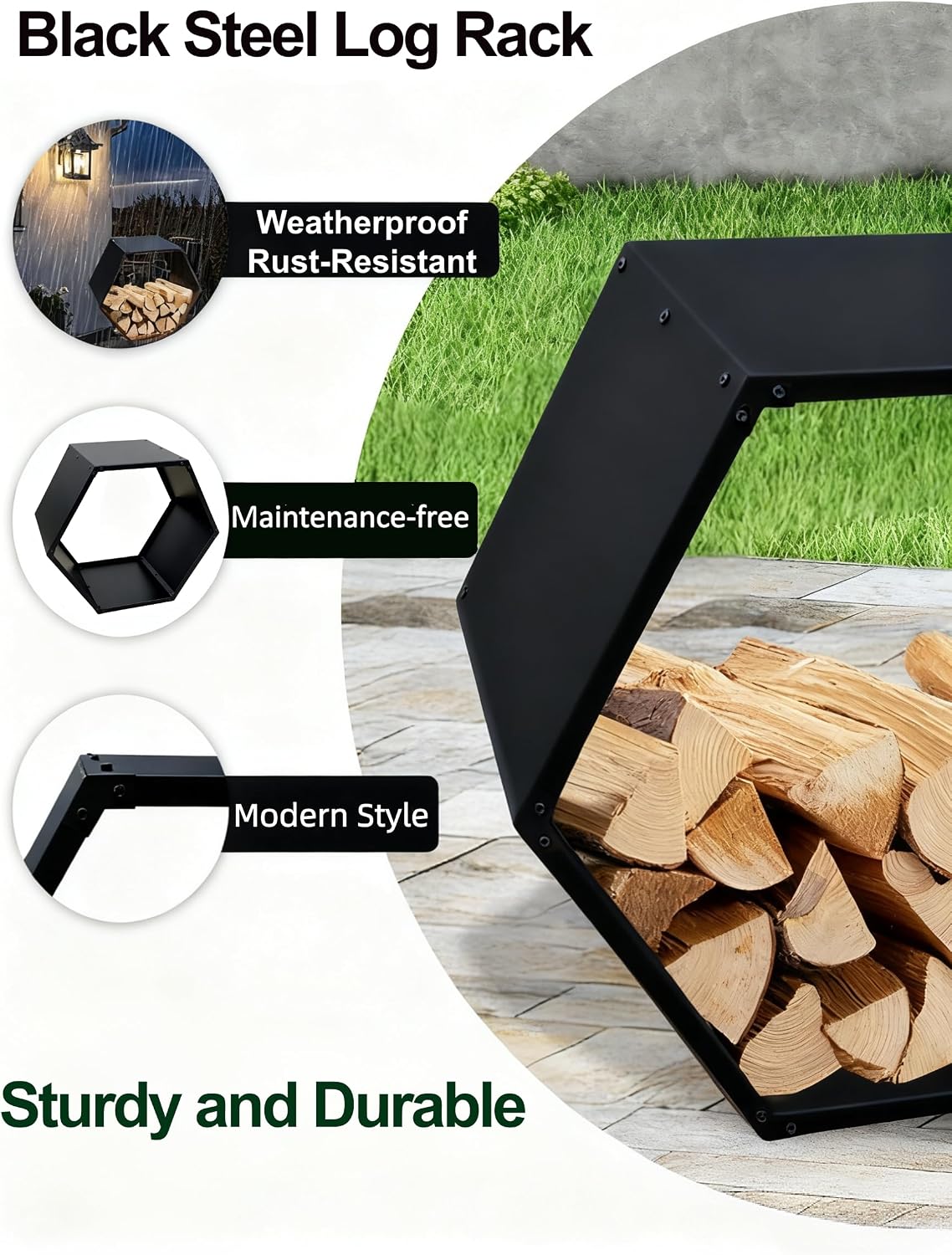 Firewood Log Rack, Steel Firewood Holder Hexagon for Outdoor/Indoor, Black image 5
