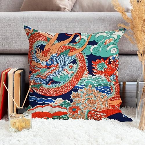 Miniatura 3 de MangGou Funda de cojín tradicional china china para sofá, color azul, verde azulado, índigo, dragón asiático, dragón, naranja, aguamarina, turquesa,