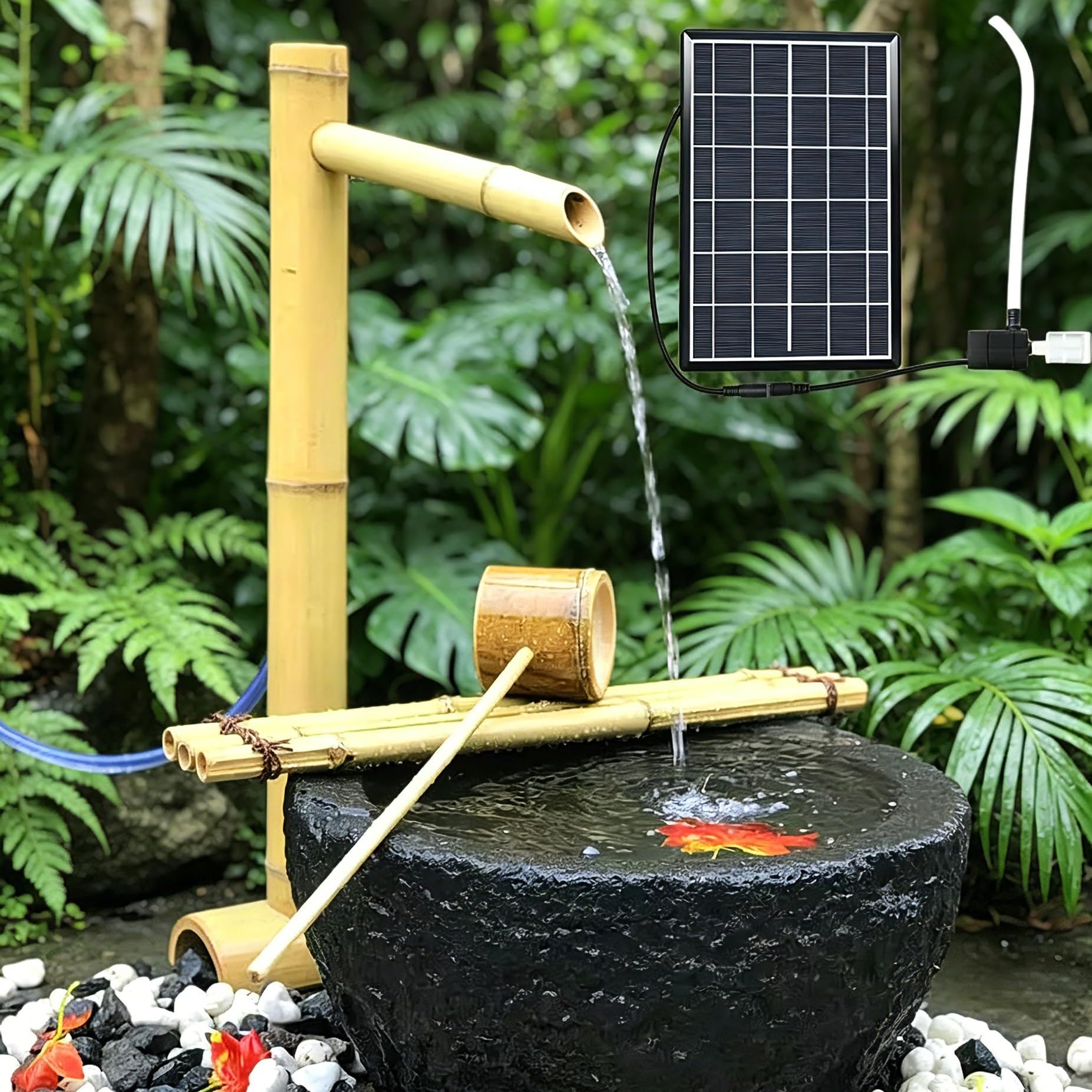 Fontana d'acqua in bambù ad energia solare con pompa 'acqua solare, fontana decorativa in stile Zen for giardino esterno interno, cortile e decorazione paesaggistica del prato