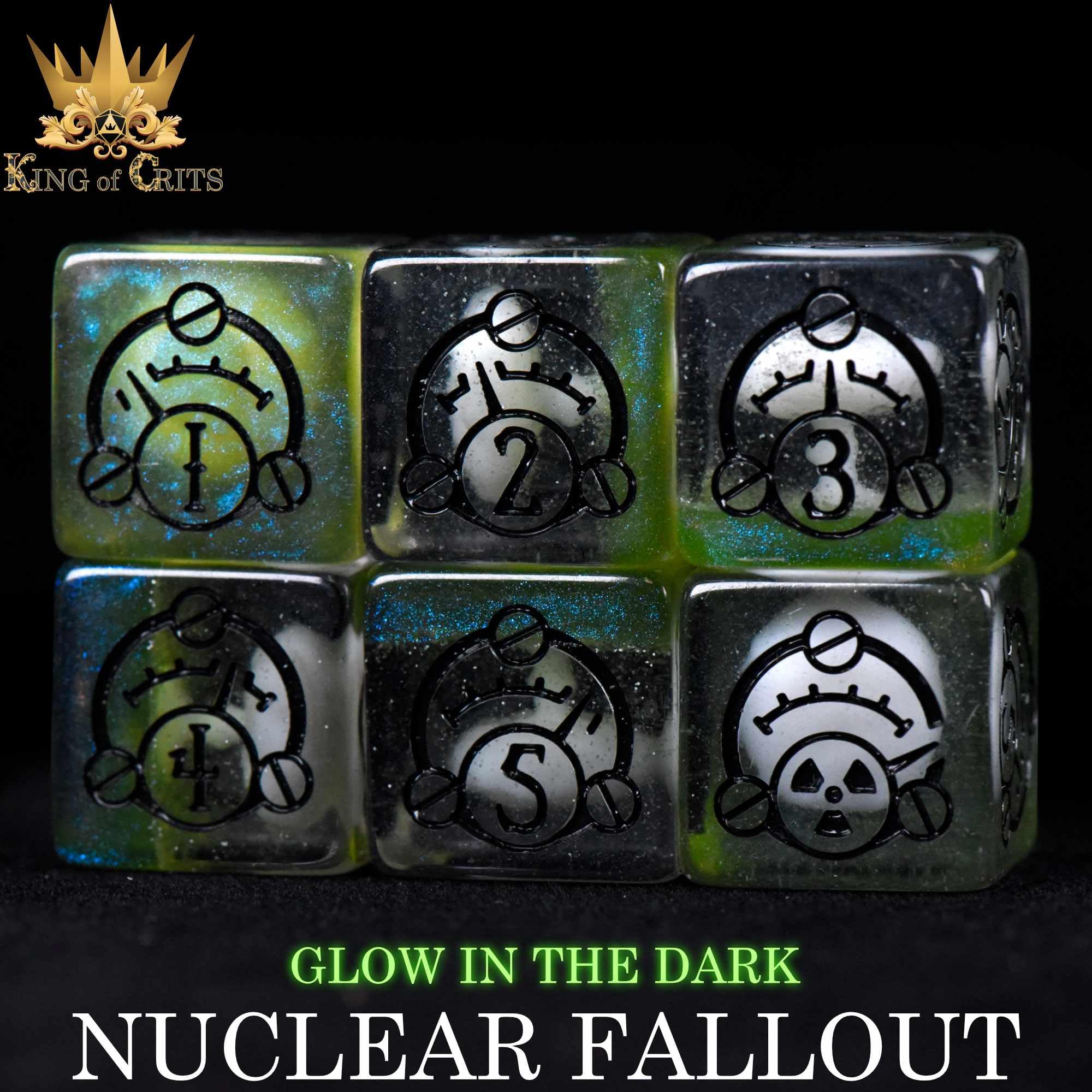 Nuclear Fallout - Juego de 11 dados poliédricos con temática de radiación que brilla en la oscuridad, diseño de nubes de hongos y contadores Geiger DND MTG