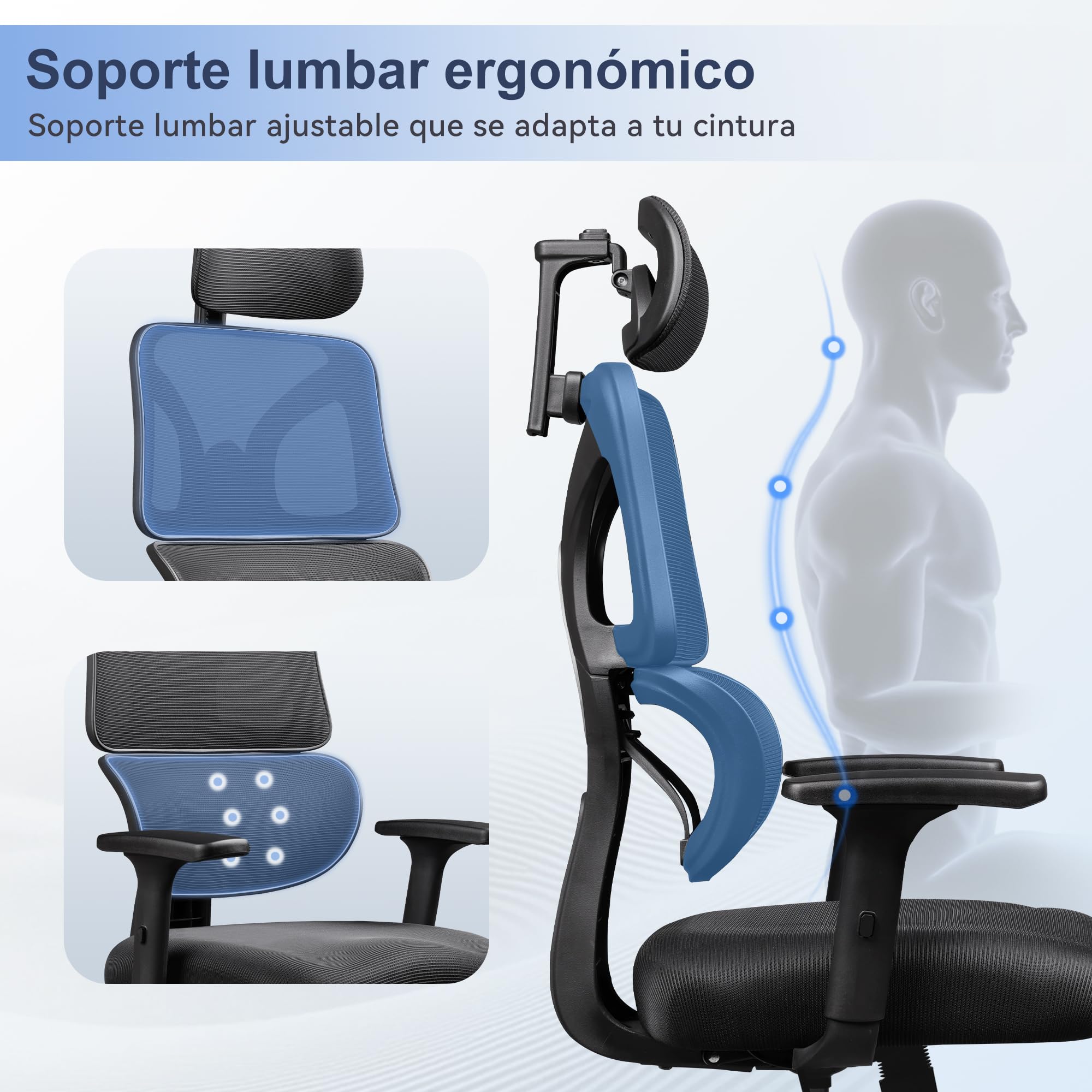 DEVAISE Silla de Oficina Ergonómica, Reposacabezas 3D y Reposabrazos 3D de Rebote, Inclinación 90°-135°, Malla Transpirable, Soporte hasta 180 kg, Altura Ajustable para Oficina, Negro