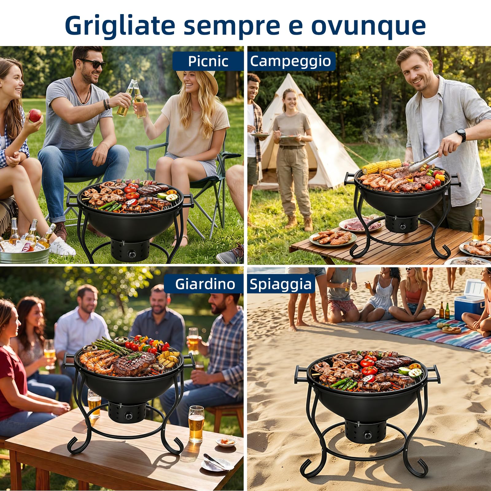 Barbecue Carbonella Portatile da 17" con Termometro Integrato, Presa d'aria Regolabile e Ventola Regolabile, Barbecue a Legna da Esterno per Campeggio, Tailgating e Cucina all'aperto