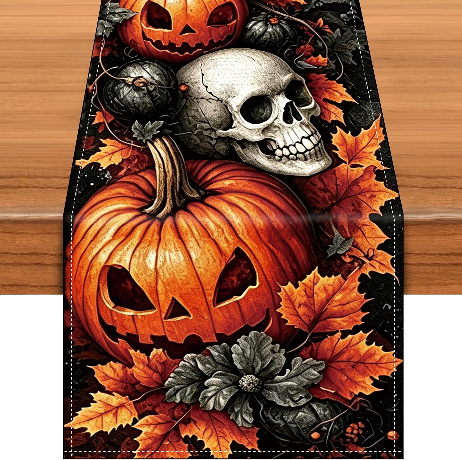 Halloween Table Runner 13x72 Inch, Pumpkin & Gothic & Fall Leaf