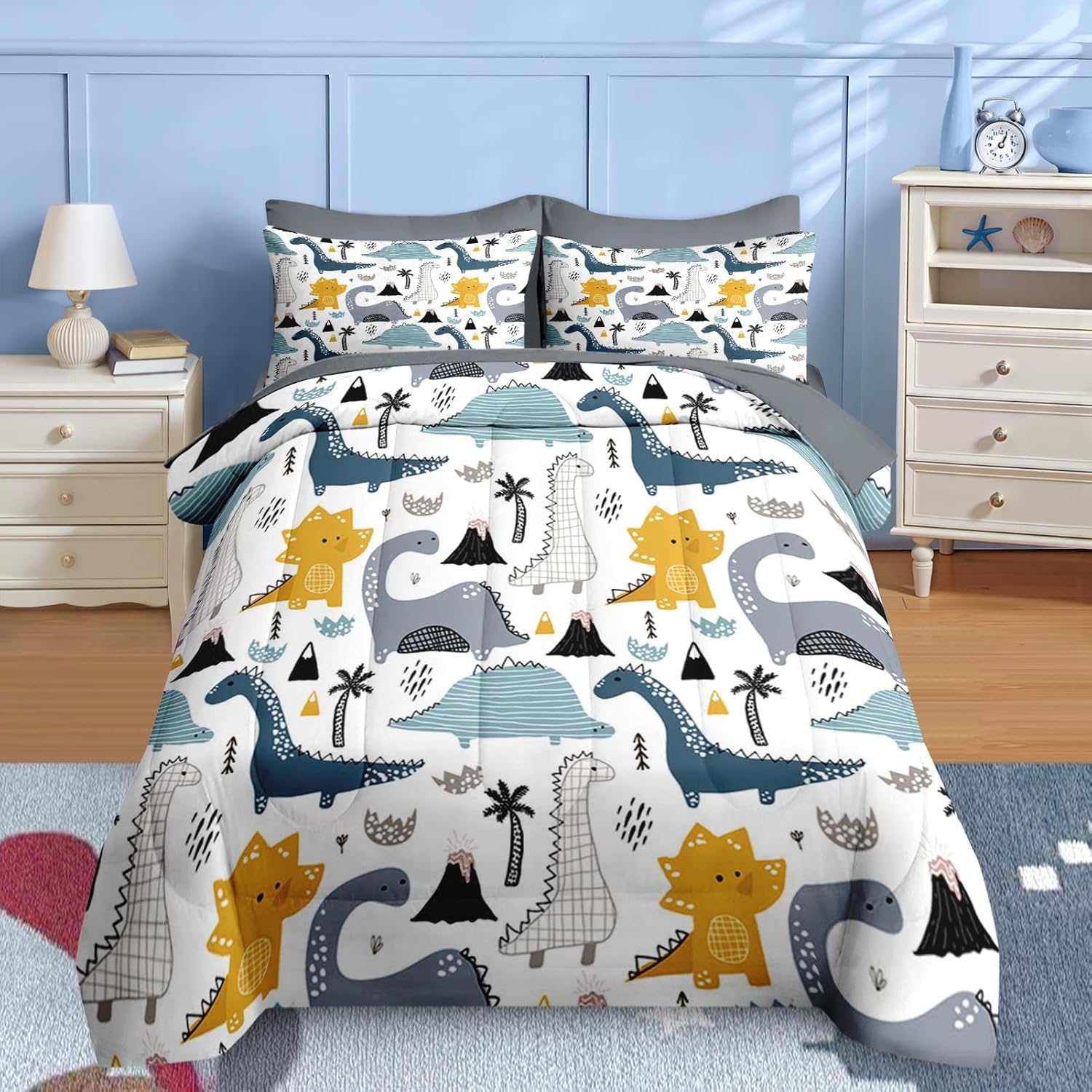 Nesker 5 Pcs Comforter Set Twin Size, Cute Dinosaur Bedding for Kids Teen, Blue Yellow Gray Dino Bedding Set with Pillowcase & Sham for Bedroom Bed Decor Twin Dinosaurs