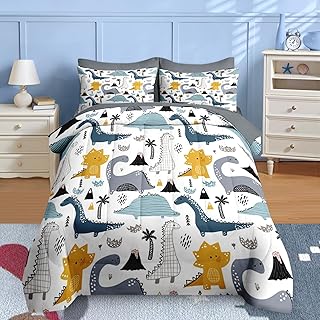 Nesker 5 Pcs Comforter Set Twin Size, Cute Dinosaur Bedding for Kids Teen, Blue Yellow Gray Dino Bedding Set with Pillowcase & Sham for Bedroom Bed Decor