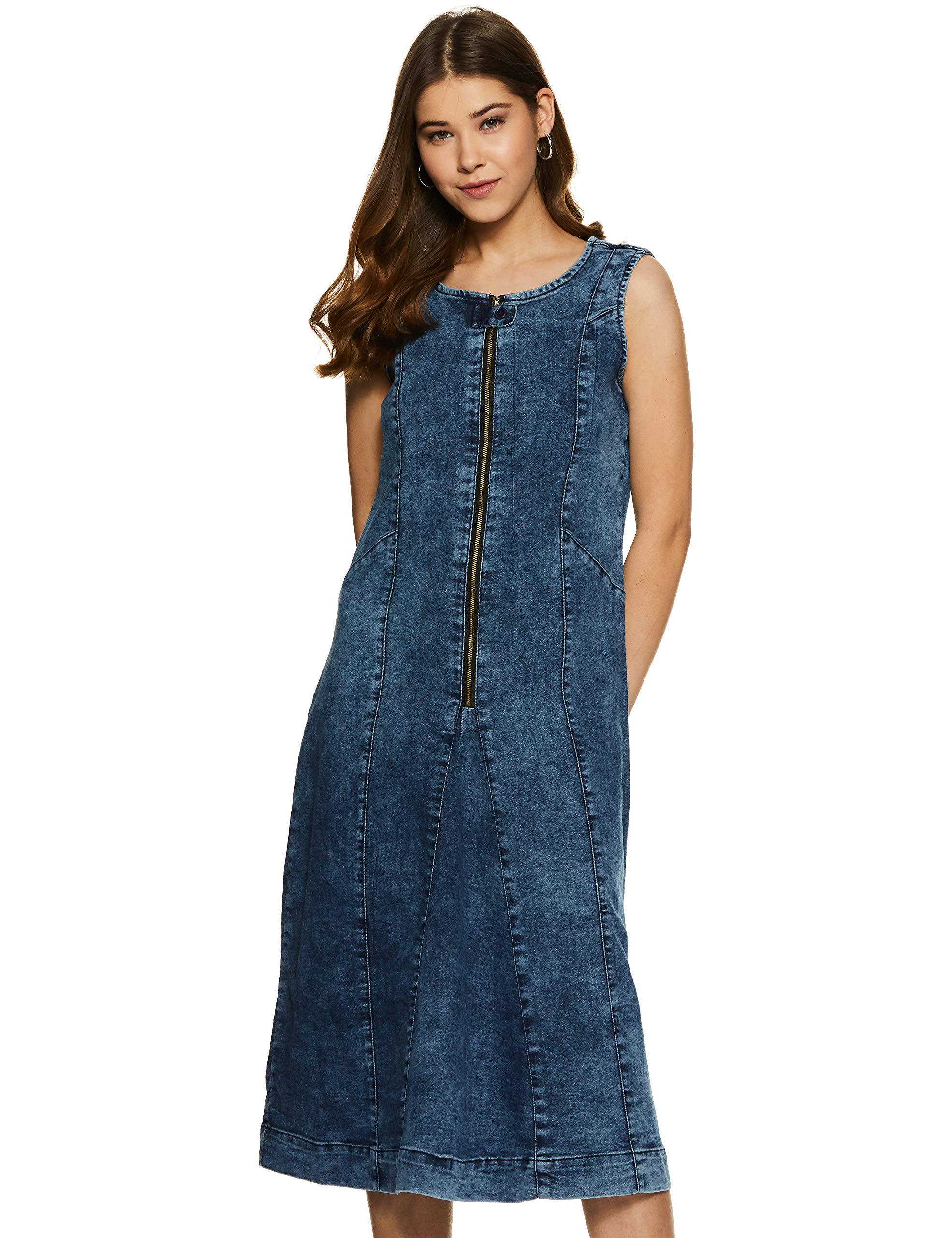 Amazon Brand - Symbol Women's A-line One Piece Midi Length Denim Dress