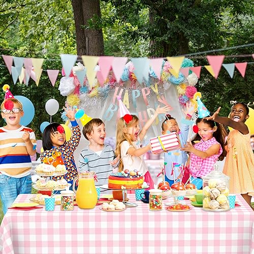 Miniatura 6 de 3 manteles desechables de plástico a cuadros para fiestas, impermeables, rectangulares, color rosa y blanco, para campamento, cumpleaños, fiestas,