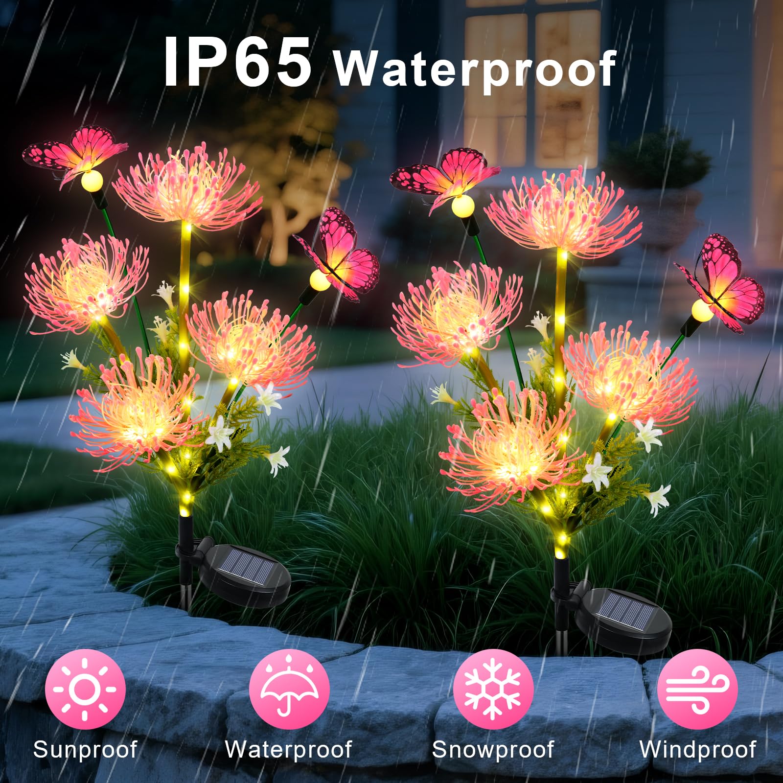 Qoosea 2 Pack Solar Lights Garden Ornaments, Flower with Butterfly LED Solar Lights Outdoor Decoration - Image 4