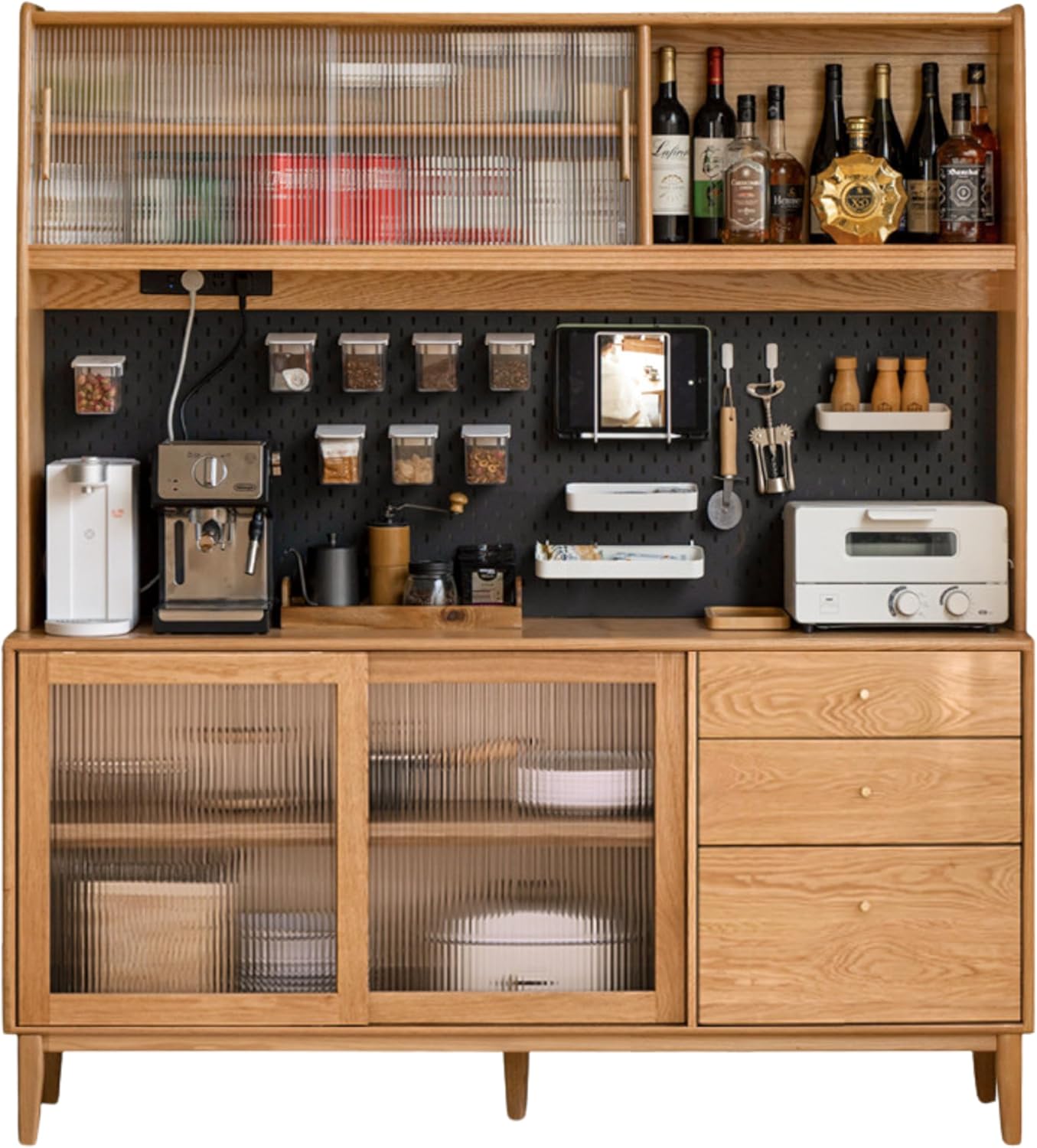 GVAwood Oak Solid Wood, Solid RubberWood Nordic Sideboard Cabinet 59.1x15.8x71.6 inch / 150x40x182.5 сm/Natural Wood Color/Oak Solid Wood Door Sideboard + Shelf + Bull Socket