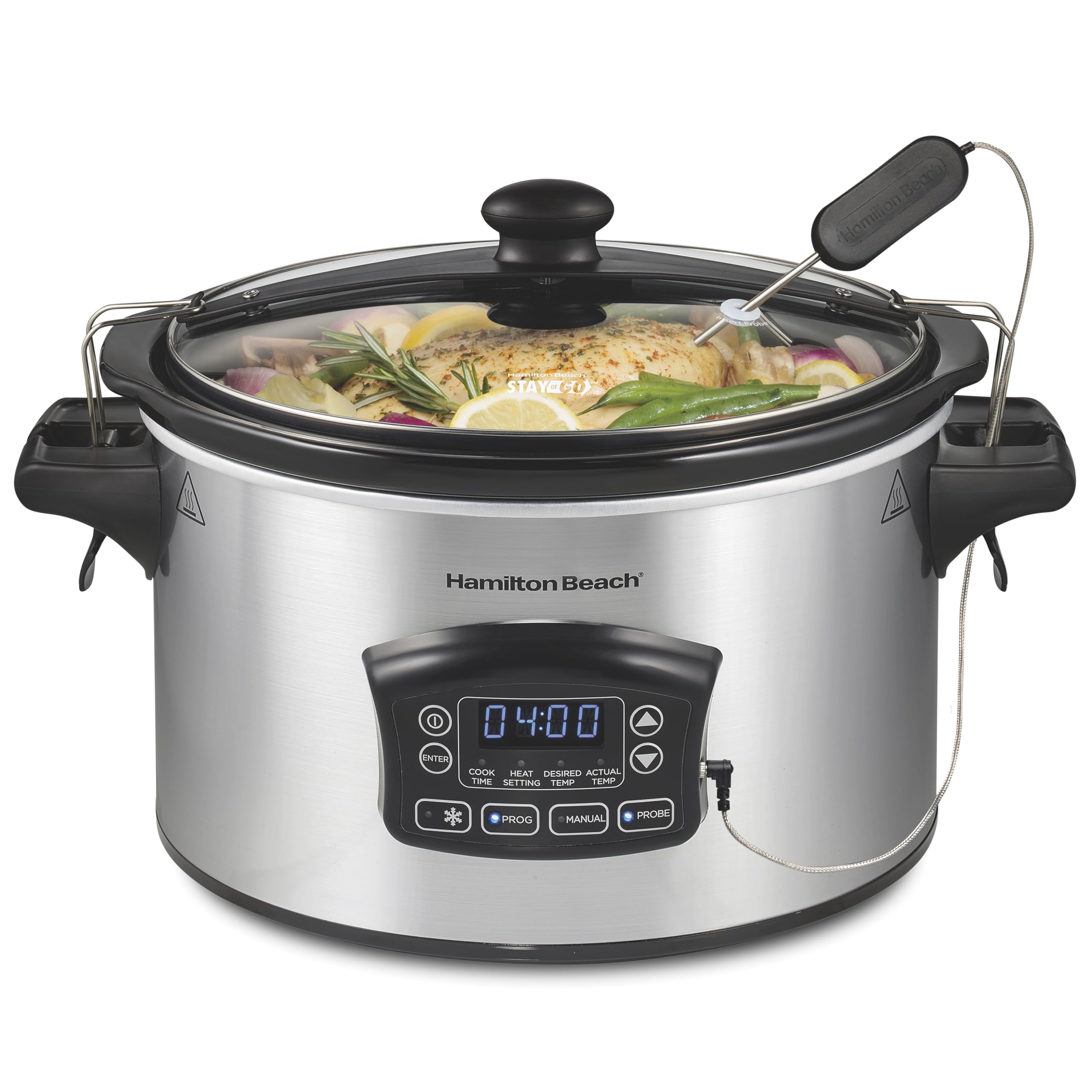 Hamilton Beach Portable 6 Quart Set & Forget Digital Programmable Slow Cooker with Lid Lock, Temperature Probe & Defrost Setting, Dishwasher Safe Crock & Lid, Silver (33869)