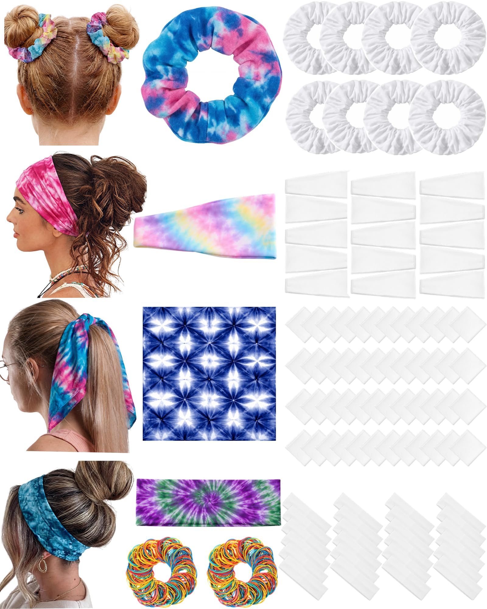 Sosation Batik-Set, weiße Baumwoll-Haargummis, Workout-Stirnbänder, weiße Stirnbänder, Yoga, feine Bandanas mit Gummibändern für Damen, Batik-Party, 100 Stück