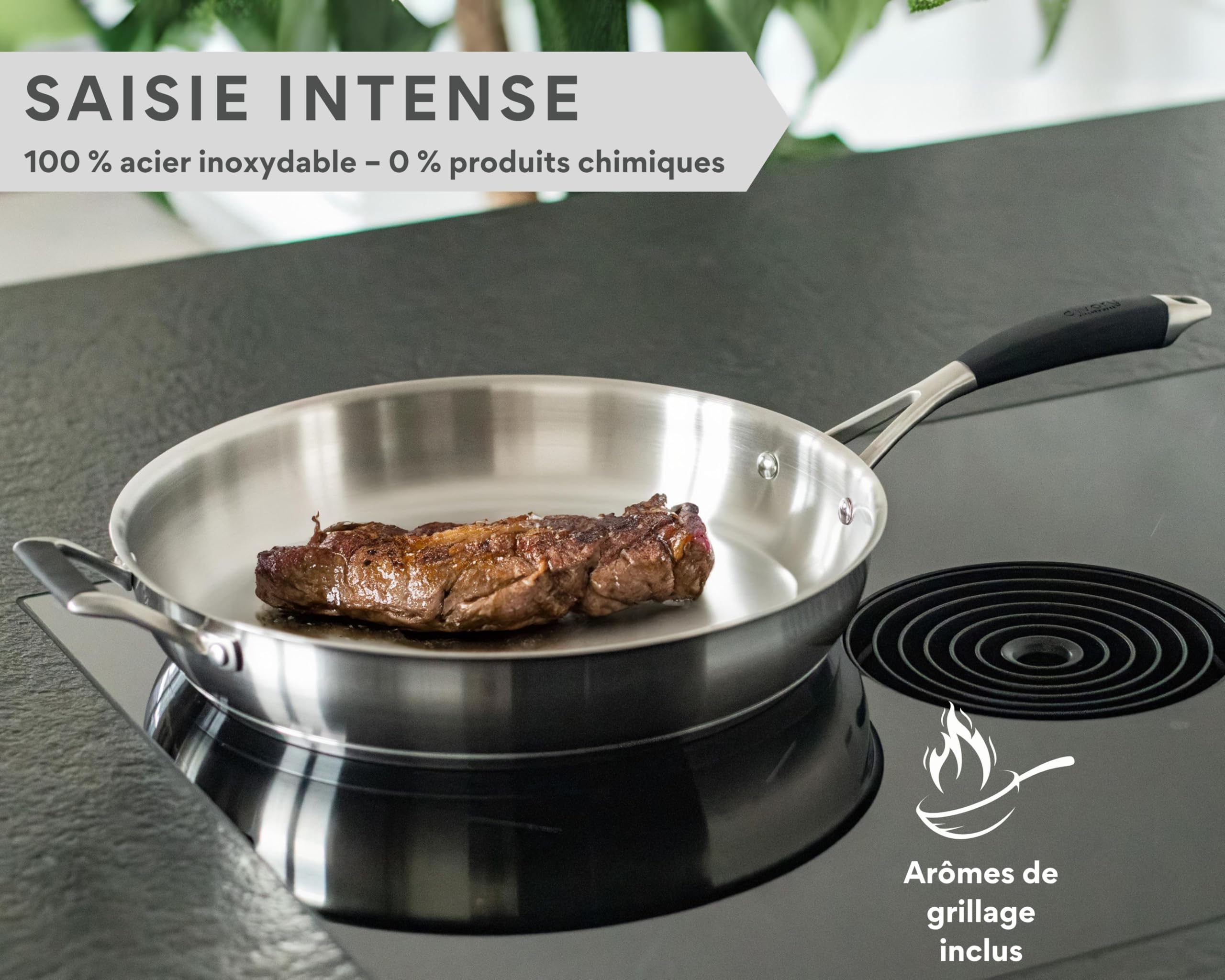 DIVORY Poêle en inox 32 cm – Sans revêtement, sans PTFE & PFOA, pour induction, grande poêle en acier inoxydable (PURA, 32 cm)