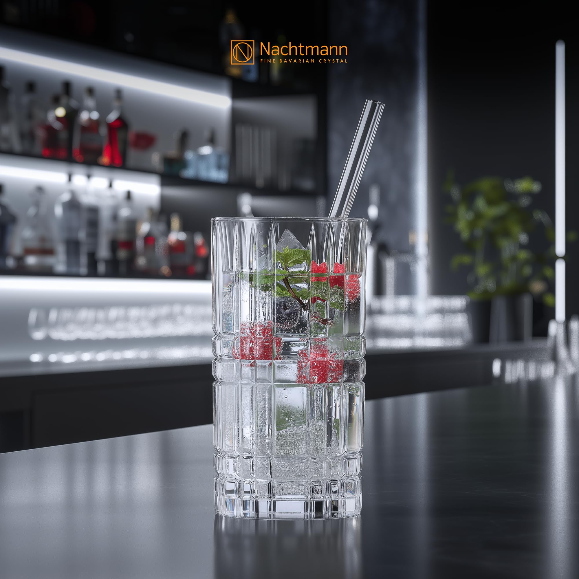 Nachtmann Bicchieri da long drink da 445 ml, 4 pezzi, con 4 cannucce di vetro e 1 spazzola per la pulizia, Tastes Good, 103144, bicchieri da cocktail in vetro di cristallo, bicchieri lavabili in