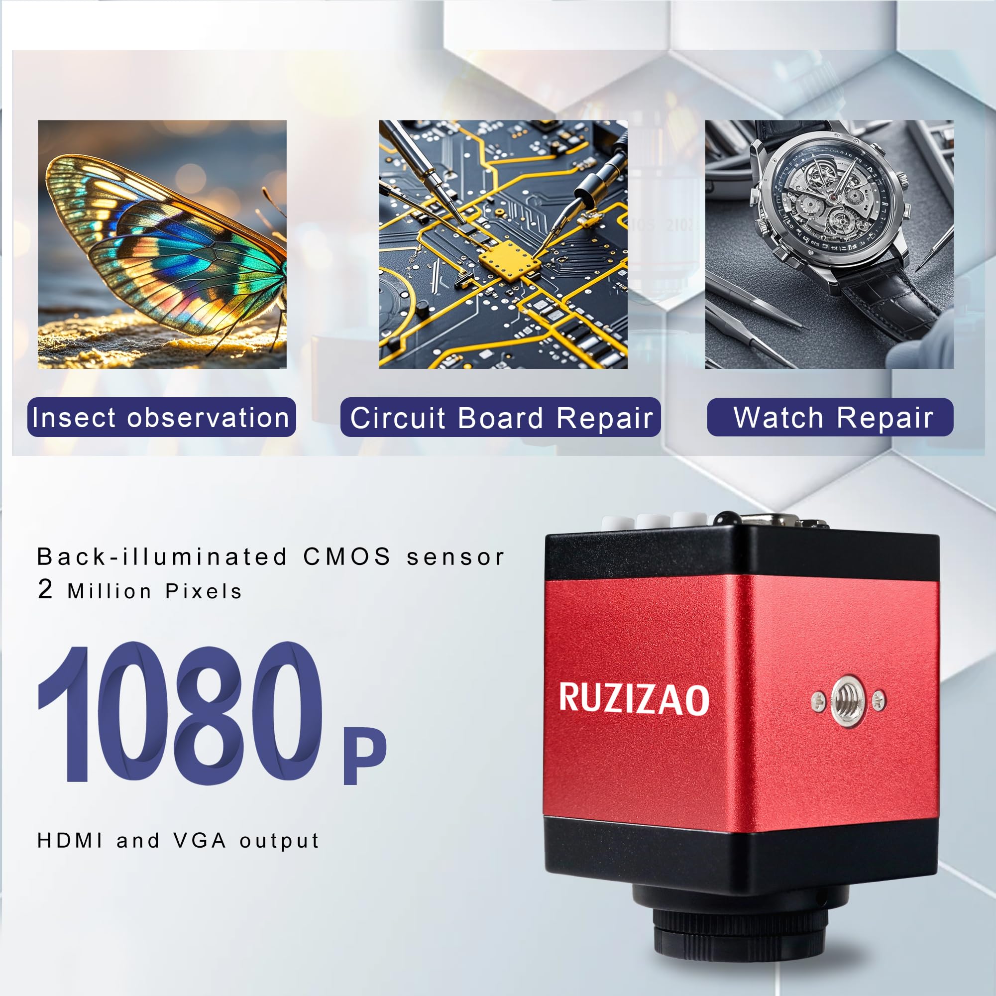 Microscope Numérique HDMI 1080P VGA Caméra avec Objectif Zoom 130X, Lumière LED Annulaire, Base Métallique