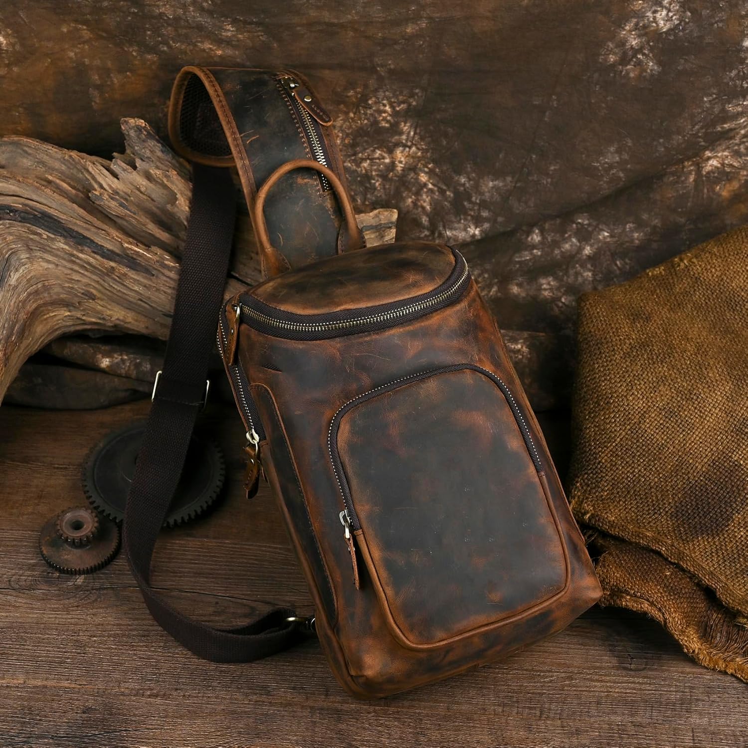 Thick Crazy horse Leather Triangle Crossbody Sling Chest Bag Travel One Shoulder Bag Daypack For Men Male 3028 - Image 7