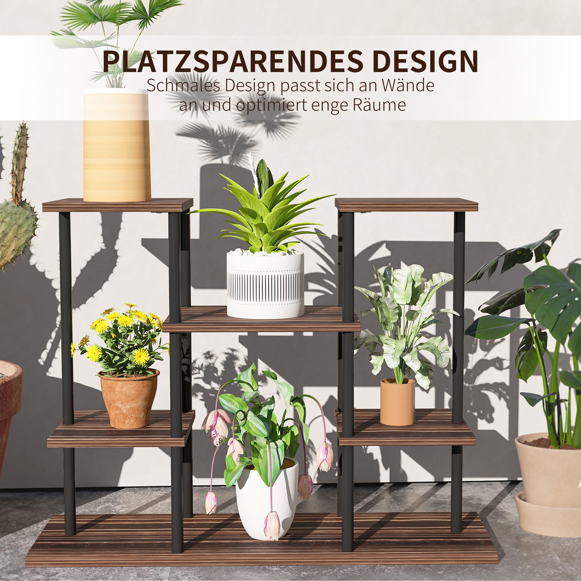 Outsunny 4-Etagen Pflanzenständer 61,5 cm Hoch Blumenständer Verkohlt | Pflanzenregal Holz, Mehrstöckig Blumentreppe, Blumenständer für Innen Außen, Blumentopfständer, Garten, Balkon