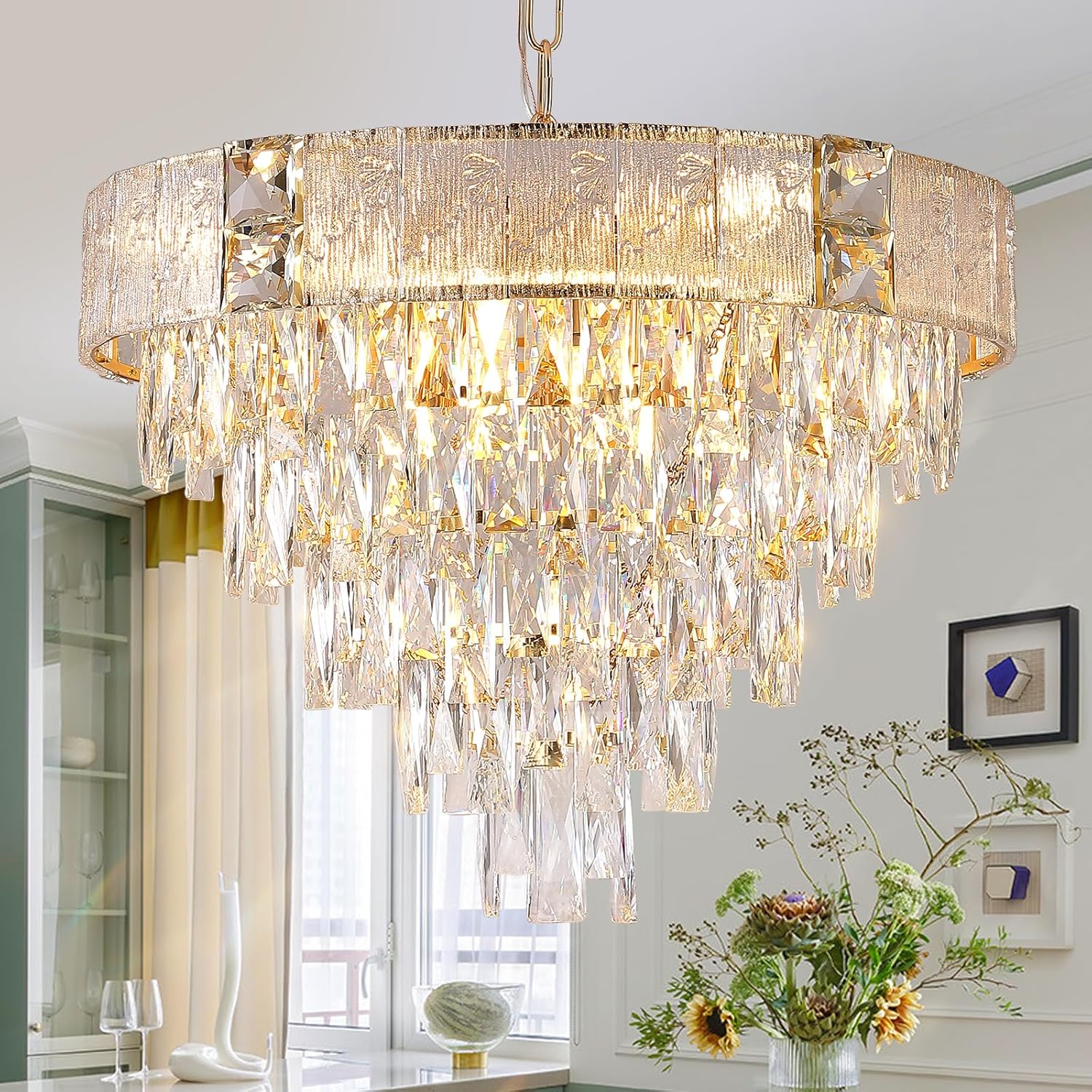 Gold Crystal Chandelier 24’’ Modern Round Chandelier 5 Tiers Luxury K9 Cyrstal Chandelier for Foyer Raindrop Ceiling Pendant Light Fixture for Dining Room Living Room Bedroom Staircase Gold 1 24 inches
