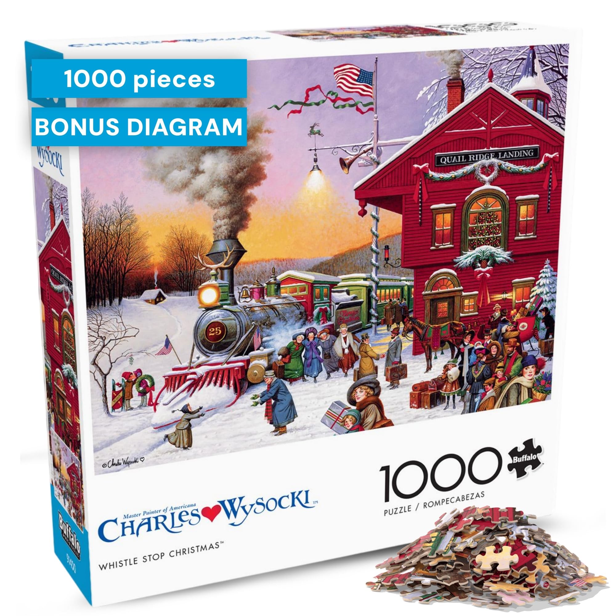 Buffalo Games – Whistle Stop Christmas Jigsaw Puzzle, 1000 Piece Puzzle for Adults, Festive Winter Train Art by Charles Wysocki