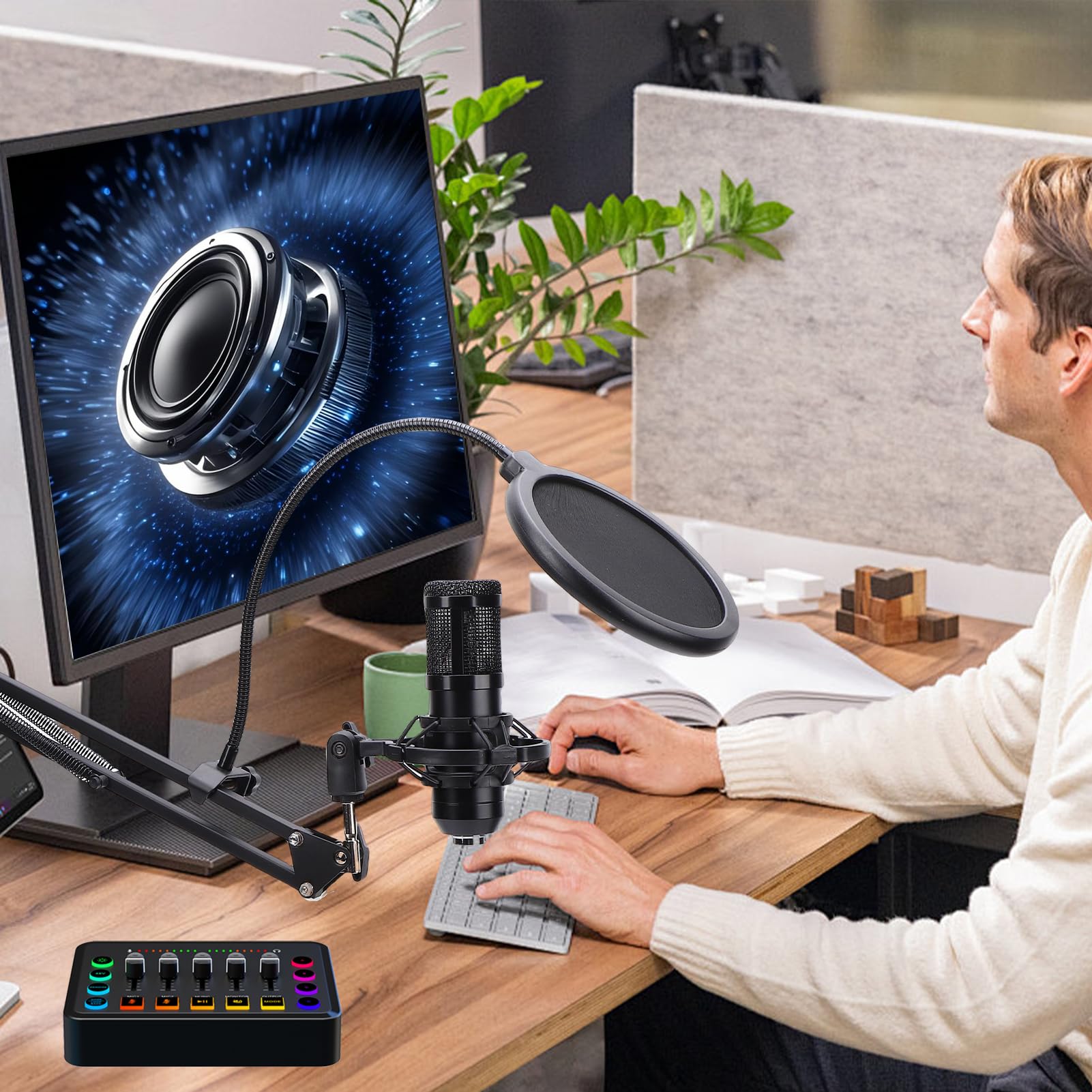 Docooler Set di schede audio live streaming con microfono a condensatore, riduzione del rumore per podcast, canto e giochi