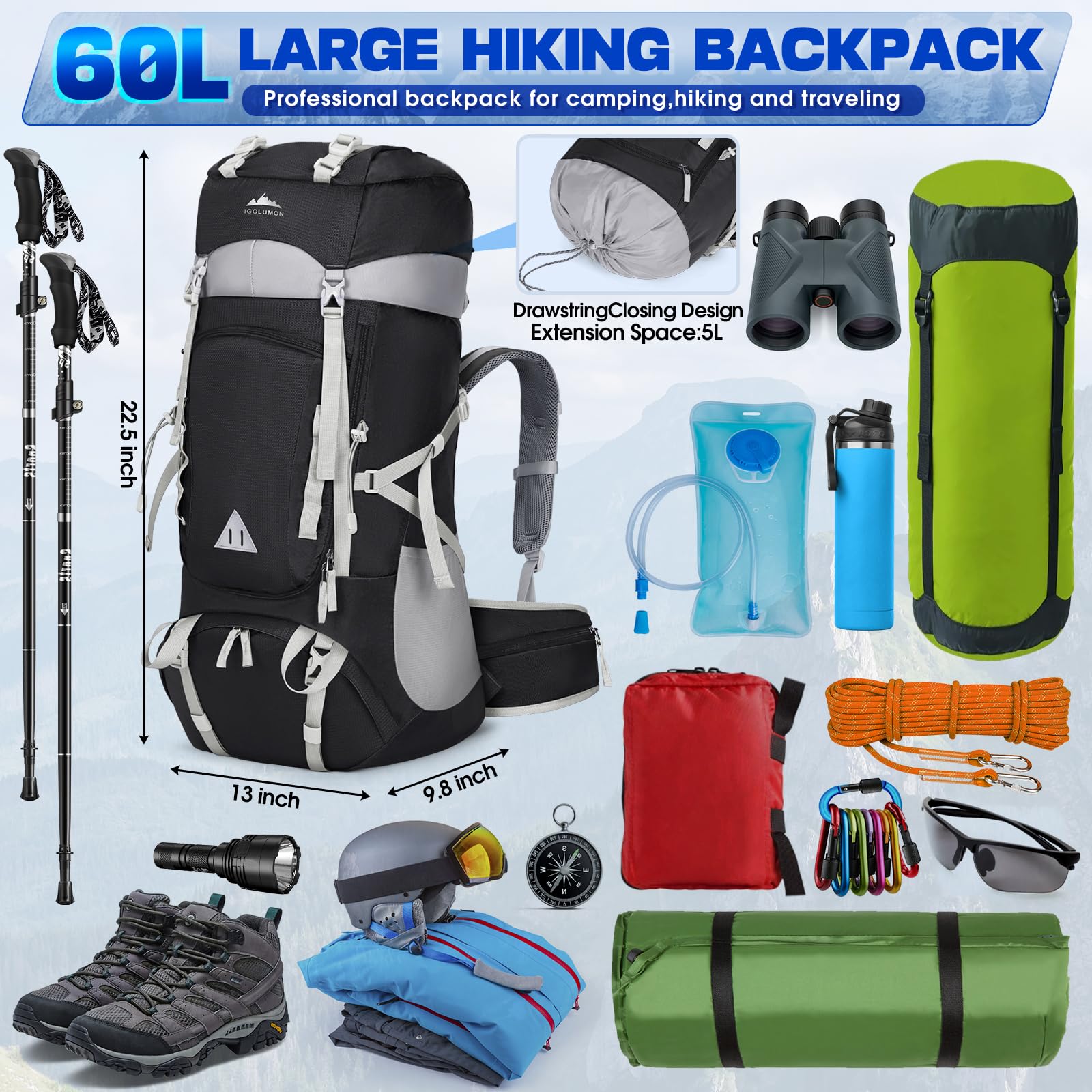 IGOLUMON Plecak trekkingowy, 60 l, plecak trekkingowy, dla mężczyzn i kobiet, plecak podróżny, duży plecak z pokrowcem przeciwdeszczowym, na kemping, trekking, do wspinaczki, podróży na świeżym