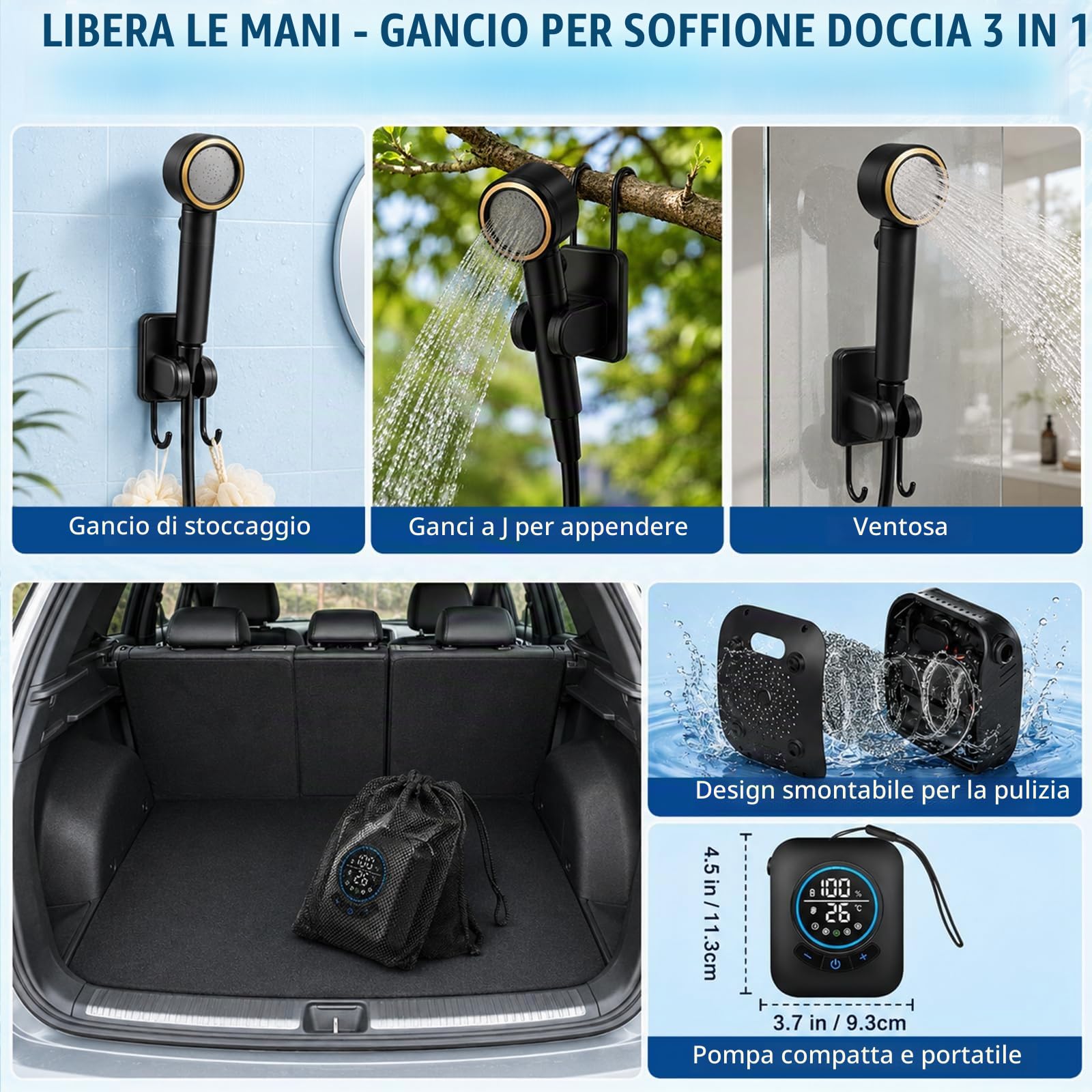 Doccia Da Campeggio con Secchio Pieghevole 20L, 8000mAh Doccia Ricaricabile Portatile Impermeabile IPX7 con Display Digitale Soffione Regolabile Doccia da Esterno per Spiaggia Animali Auto Giardino