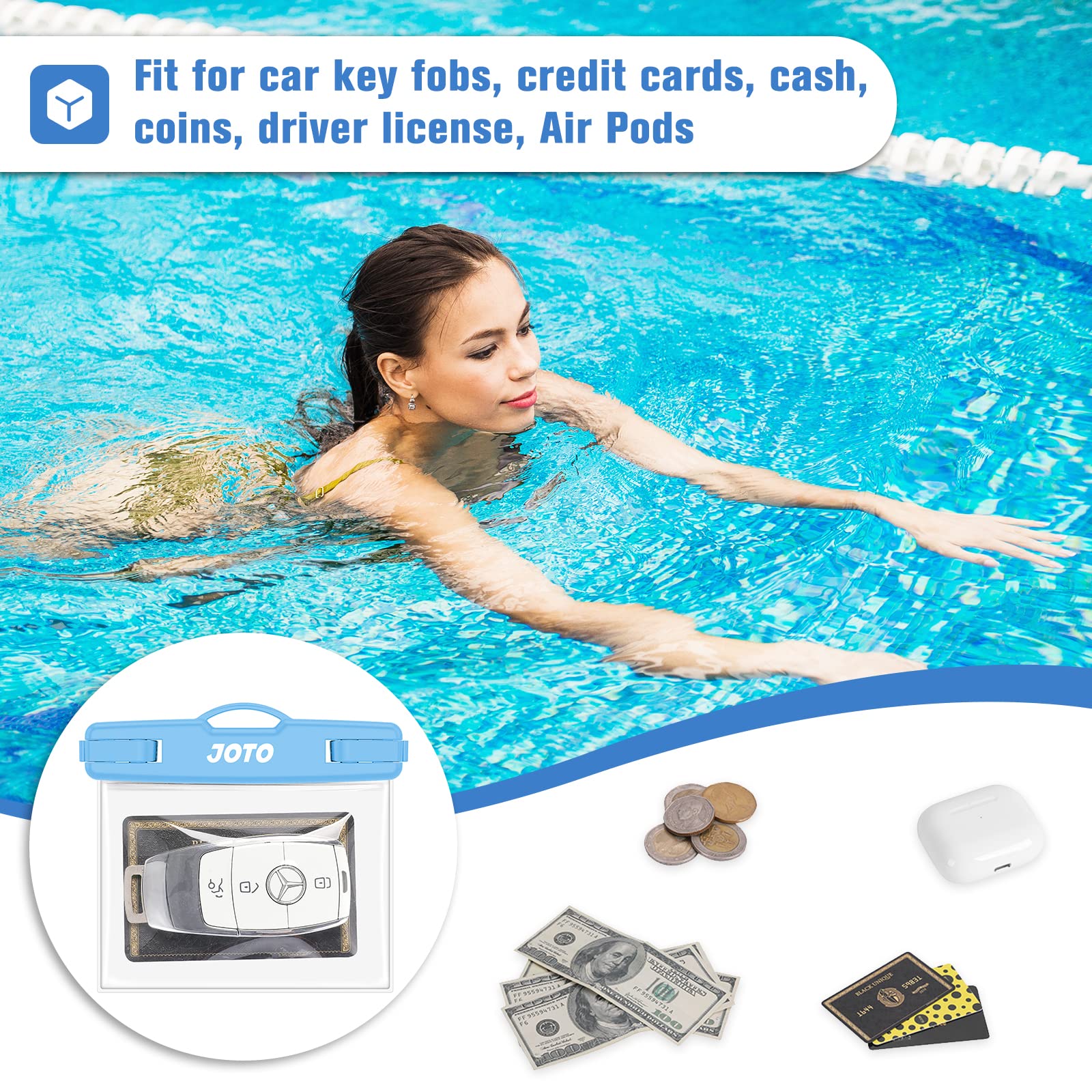 JOTO 2 Pack Waterproof Key Pouch for Swimming Car Key Dry Bag Holder Waterproof Wallet with D Buckle and Lanyard for Credit Card ID Entry Remote Badge Cash Driver License -Blue - Image 2