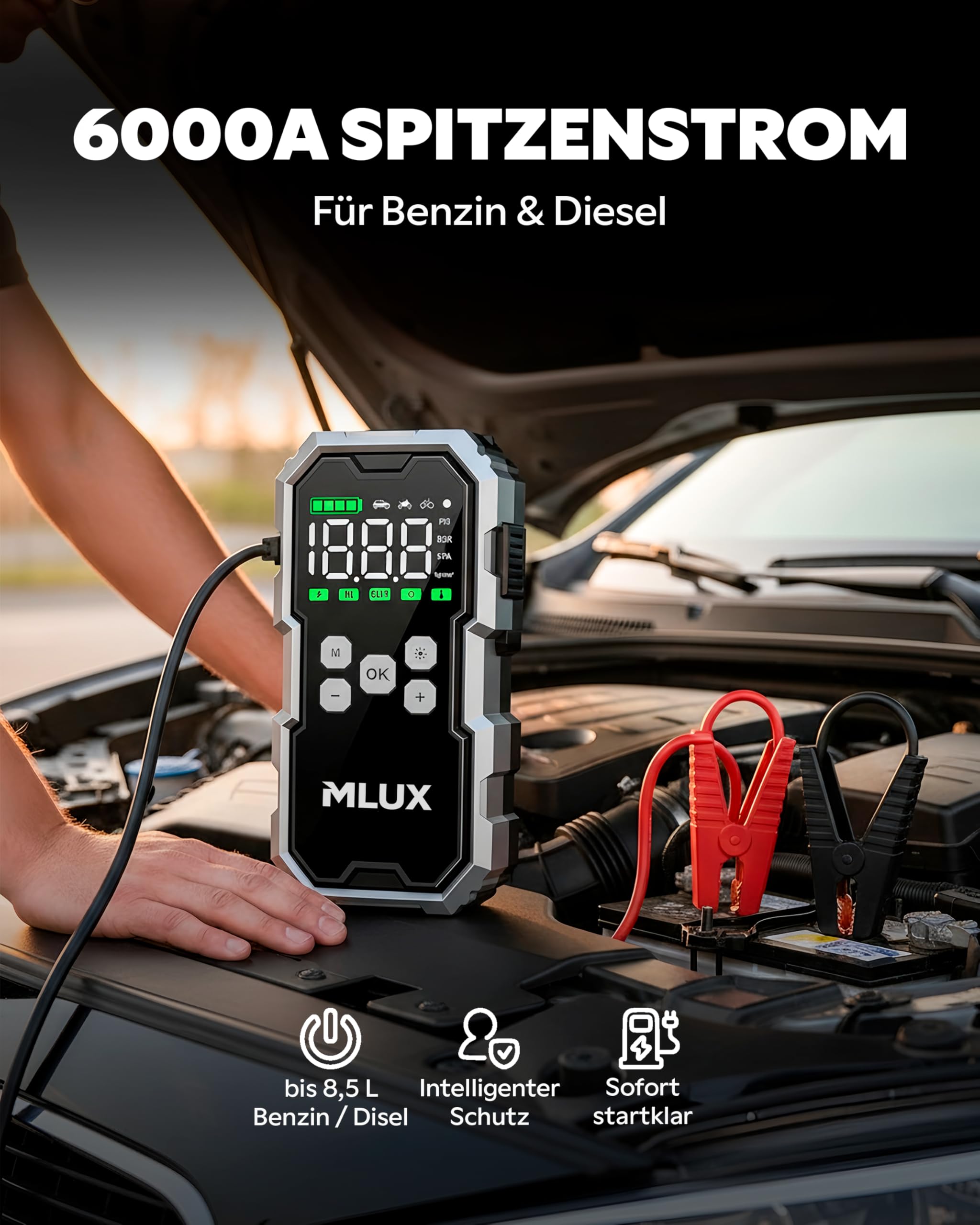 Starthilfe Powerbank für PKW 6000A, 26800mAh Auto Starthilfe Powerbank mit 150 PSI Kompressor, Batterie Booster & Jump Starter für Benzin & Diesel, LED Notfallgerät