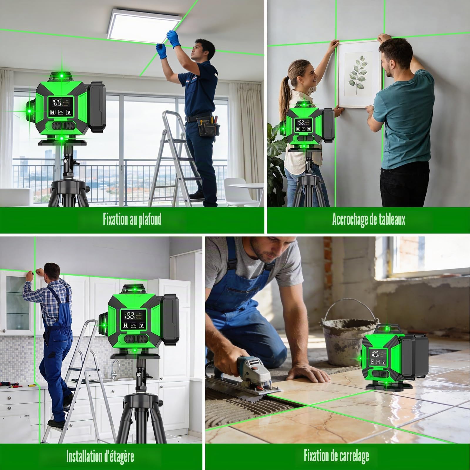 Niveau Laser avec Trepied 4 x 360°, Laser Chantier 4D 16 Lignes | 2xBatterie 3600mAh, Nivellement Automatique avec Support Mural, Support Rotatif, Télécommande, IP54 Étanche et Anti-Poussière