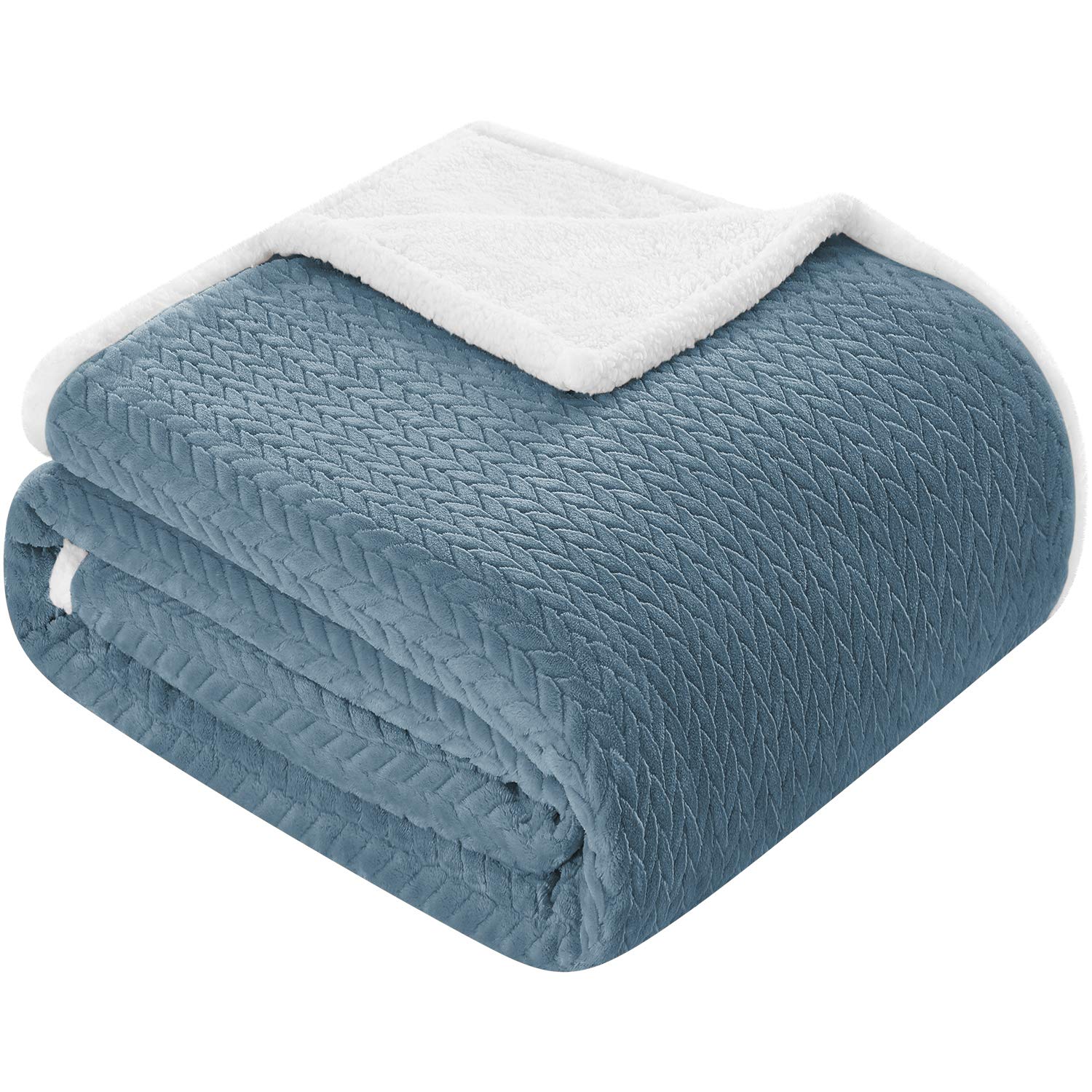 HOMEIDEAS Fleece Sherpa Blanket for Bed(Stone Blue, King), Thick Warm Jacquard Blanket for Winter Christmas, 66 x 90 inches