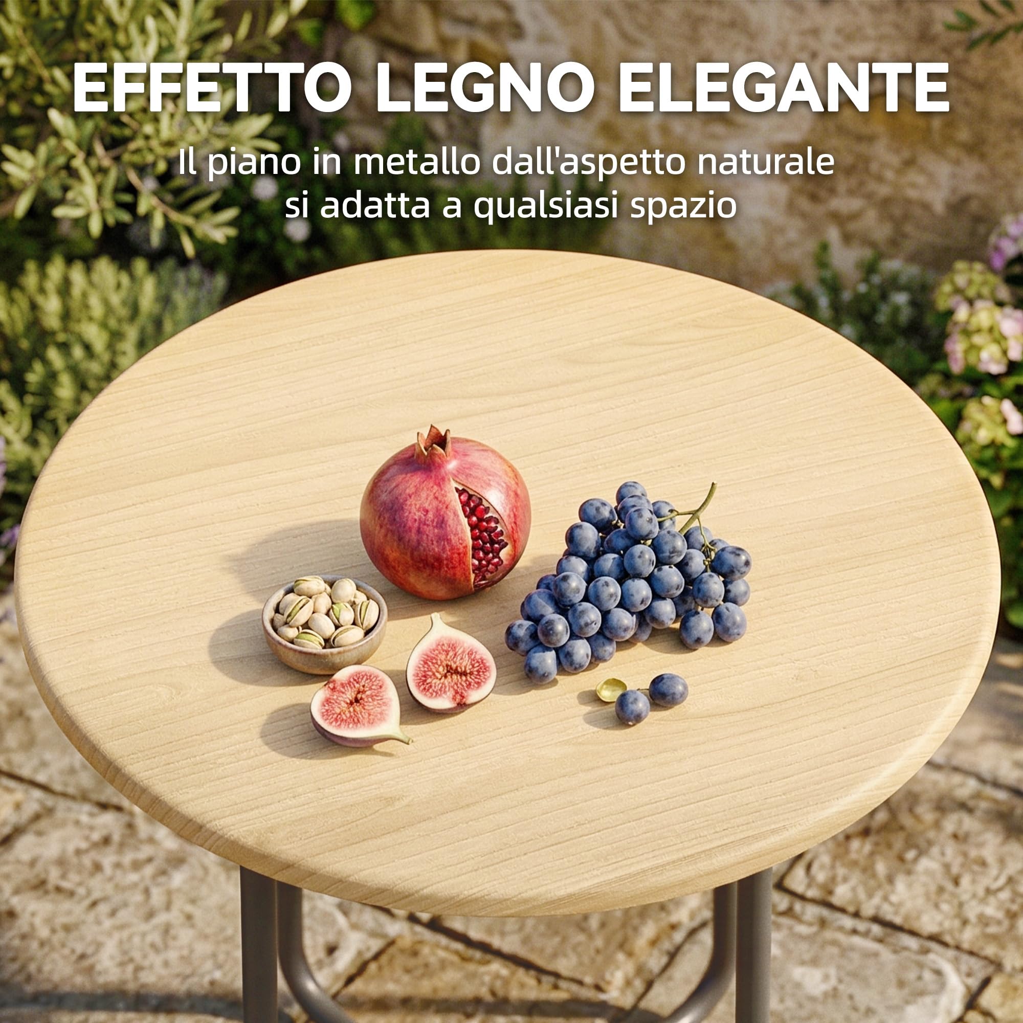 Outsunny Tavolino da Giardino Rotondo, Tavolino da Esterno in Metallo, per Balcone e Terrazzo, Ø48x51 cm, Effetto Legno Naturale