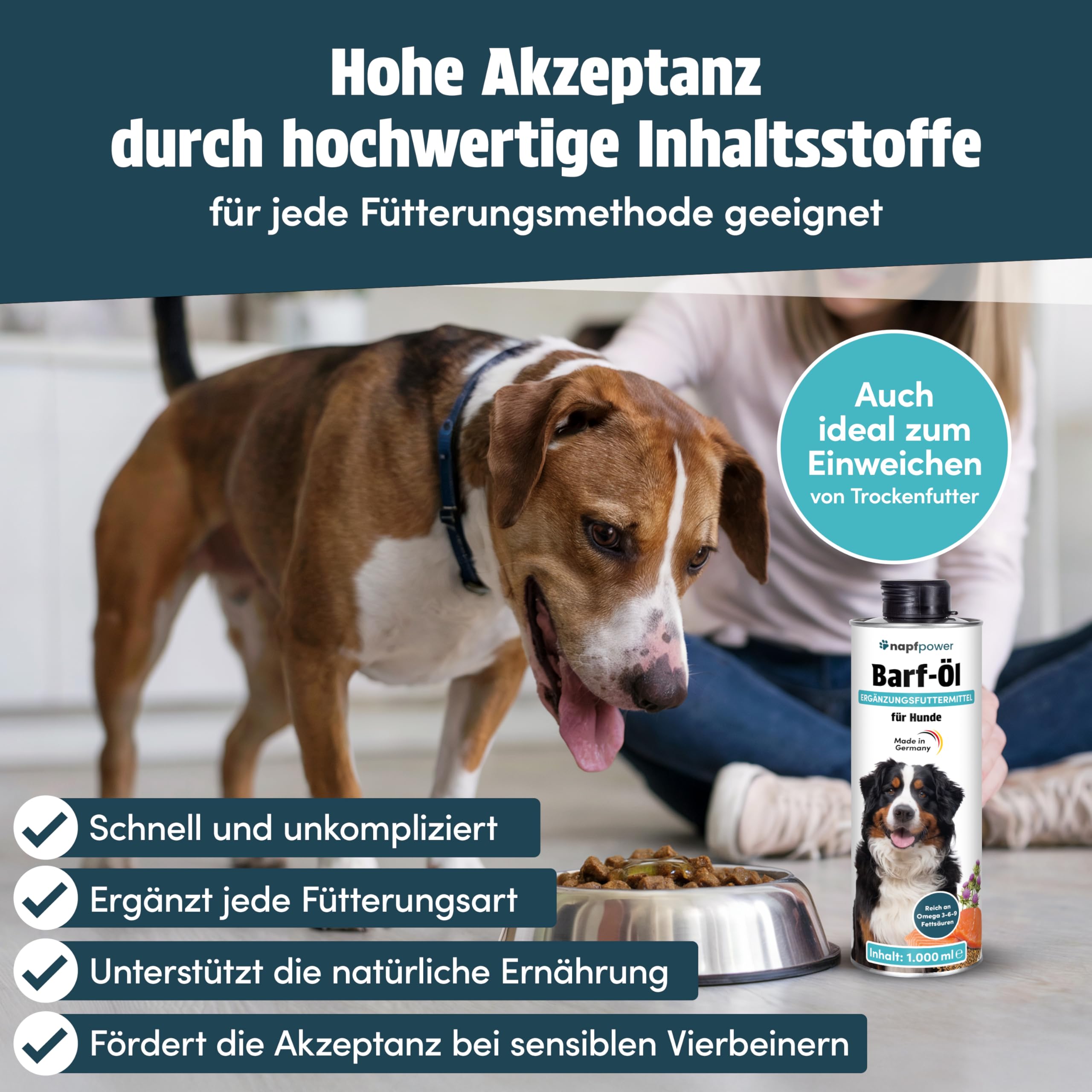 Barf Öl für Hunde (1 Liter) – Reich an Omega 3-6-9 Öl aus Lachsöl, Leinöl, Hanfsamenöl, Borretschöl & Mariendistelöl – Hochwertiges Futteröl & Barf-Zusatz – Auch als Topping geeignet