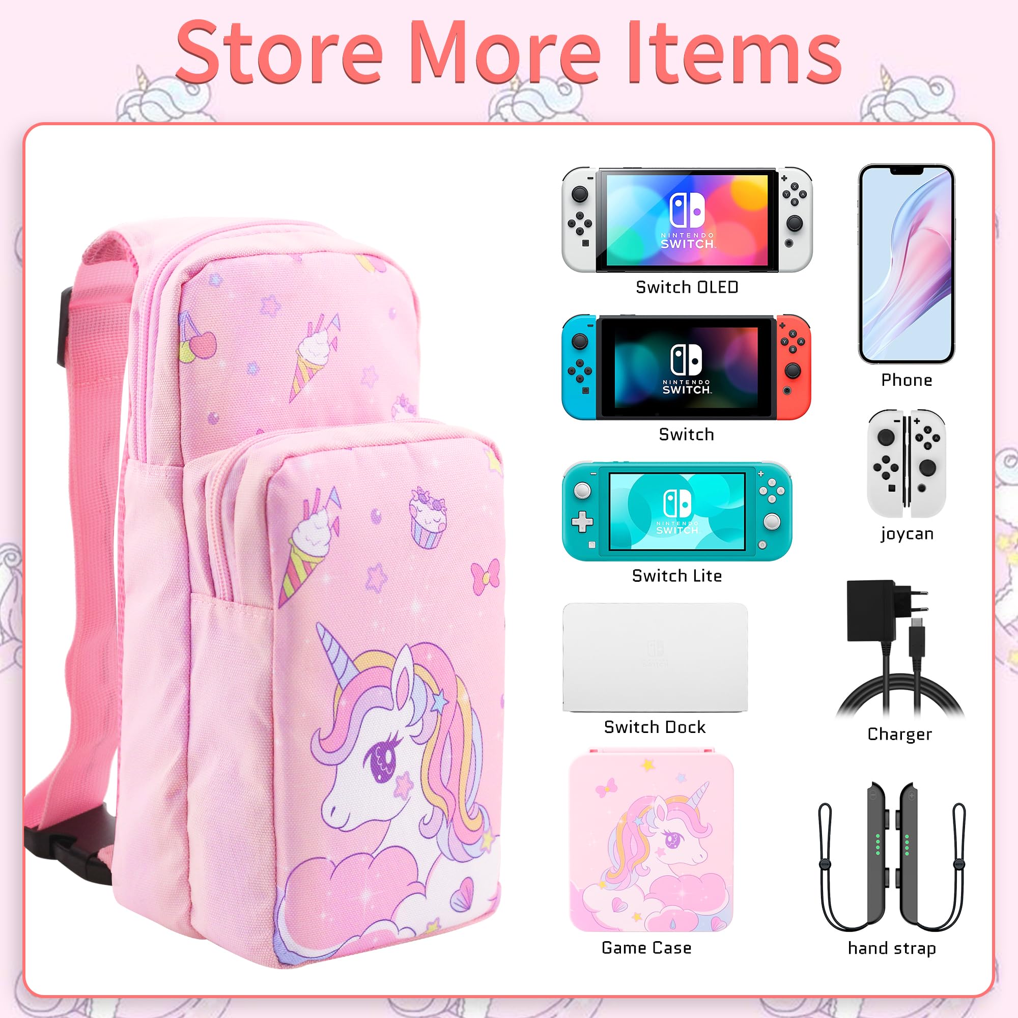 GLDRAM Borsa a tracolla compatibile con Nintendo Switch 2/NS/OLED/Lite, graziosa custodia portatile da viaggio per il trasporto con unicorno, kit di accessori per borsa a tracolla con custodia per