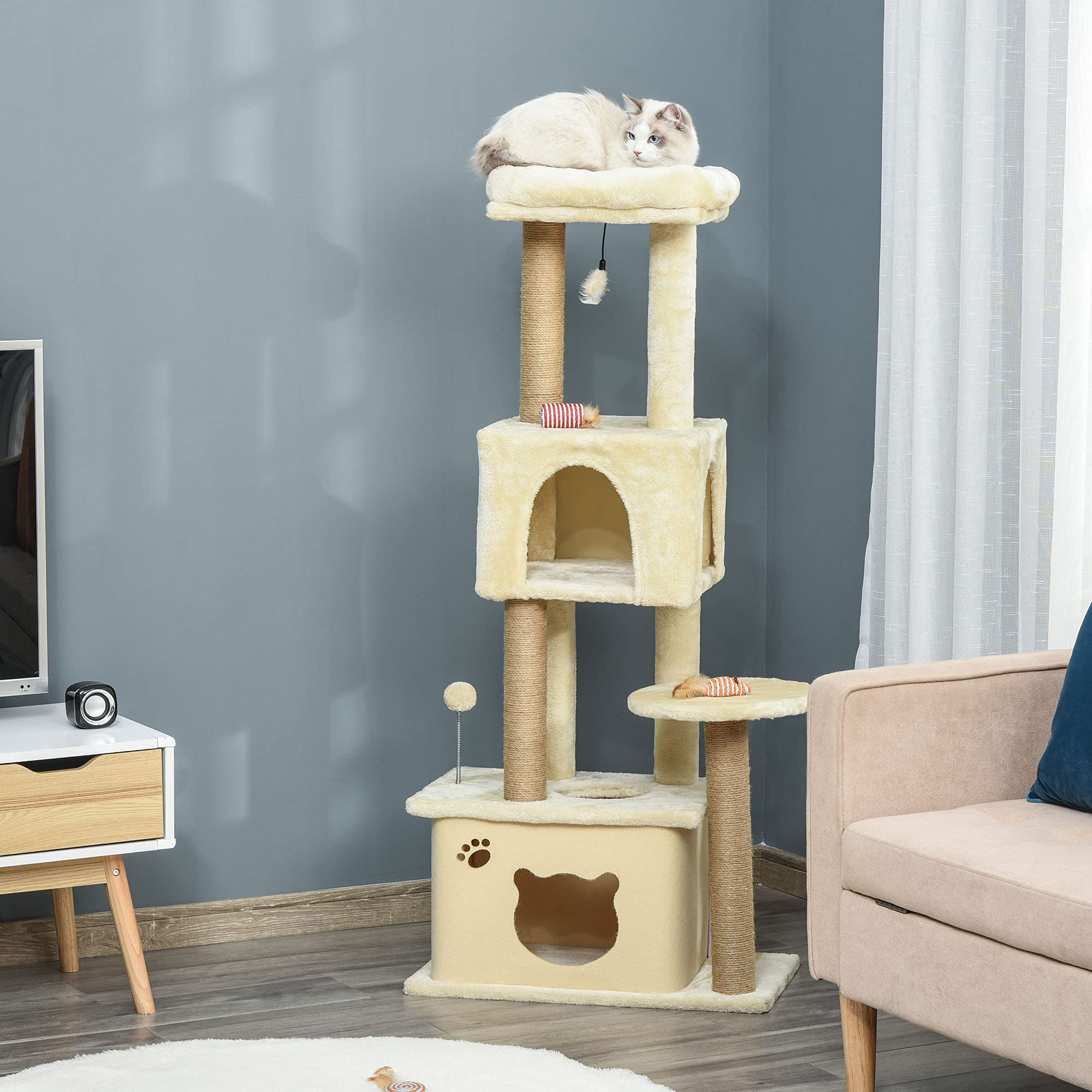 PawHut Árbol Rascador para Gatos Grande 60x34x136 cm con Cuevas Beige | Árbol para Gatos, Plataformas, Felpa Desmontable, Postes de Yute, Bola Colgante