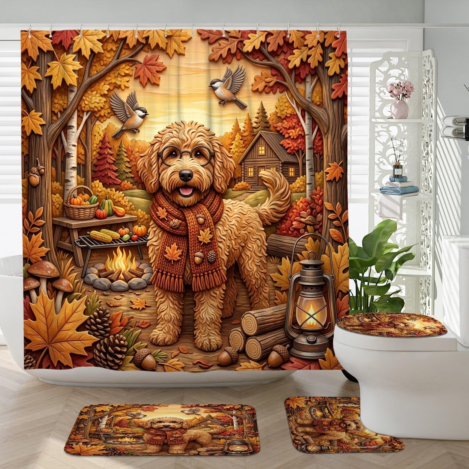 Accessoires de salle de bain chien : lot de 4 tapis antidérapants et rideau en tissu pour camping