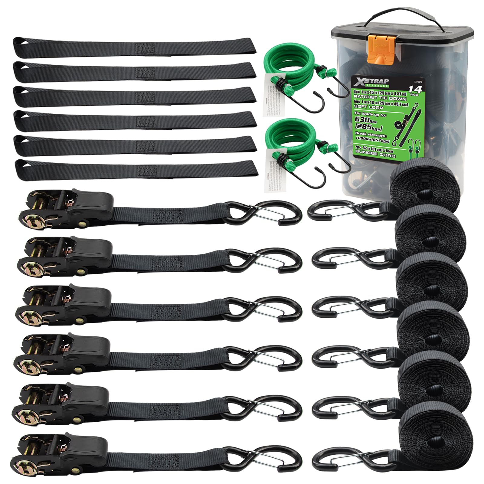 XSTRAP STANDARD Ratchet Tie Down Straps - 6 Pack 1" x 15' - 1890 lbs Breaking Strength, Safety Lock S Hooks, with 6 Soft Loops, 2 Bungee Cords, Logistic Cargo Straps for Moving Appliances, Motorcycle