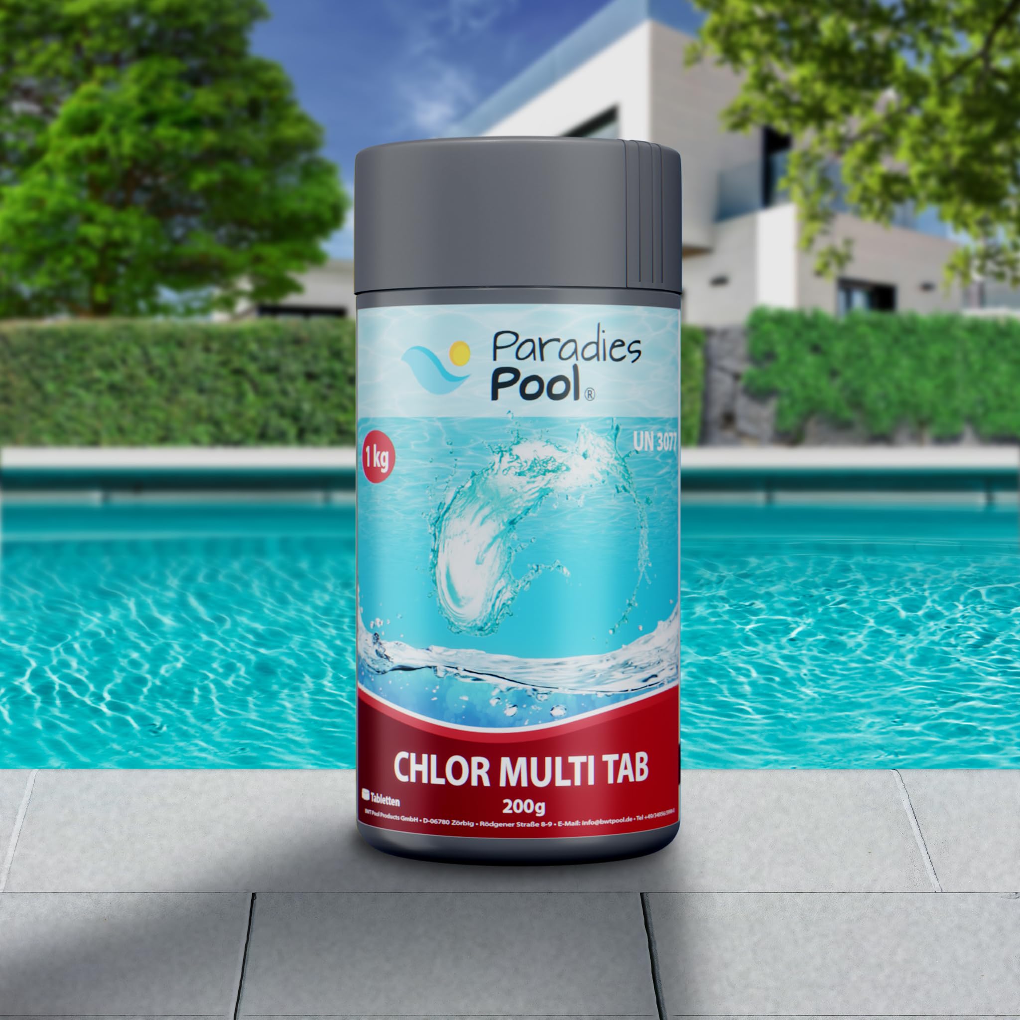 Paradies Pool Multi Tabs 200 g 3 kg, 4 in 1 Multi Tabletten mit Chlor, Algenschutz, Flockungsmittel, pH Stabilisator, zur Wasserbehandlung, Inhalt: 3 kg