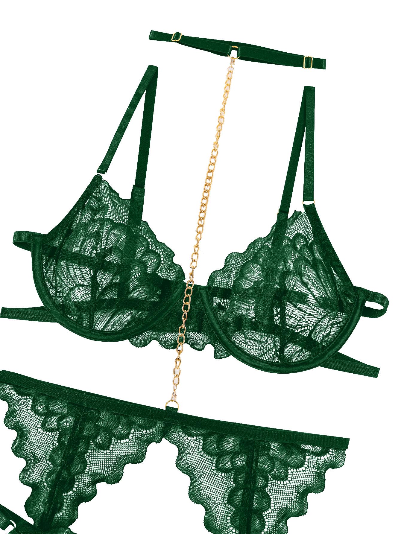 Lilosy Sexy Choker Floral Lace Scallop Sheer Underwire Push Up Garter Belt Lingerie Set 3 Piece: Medium Chain Army Green
