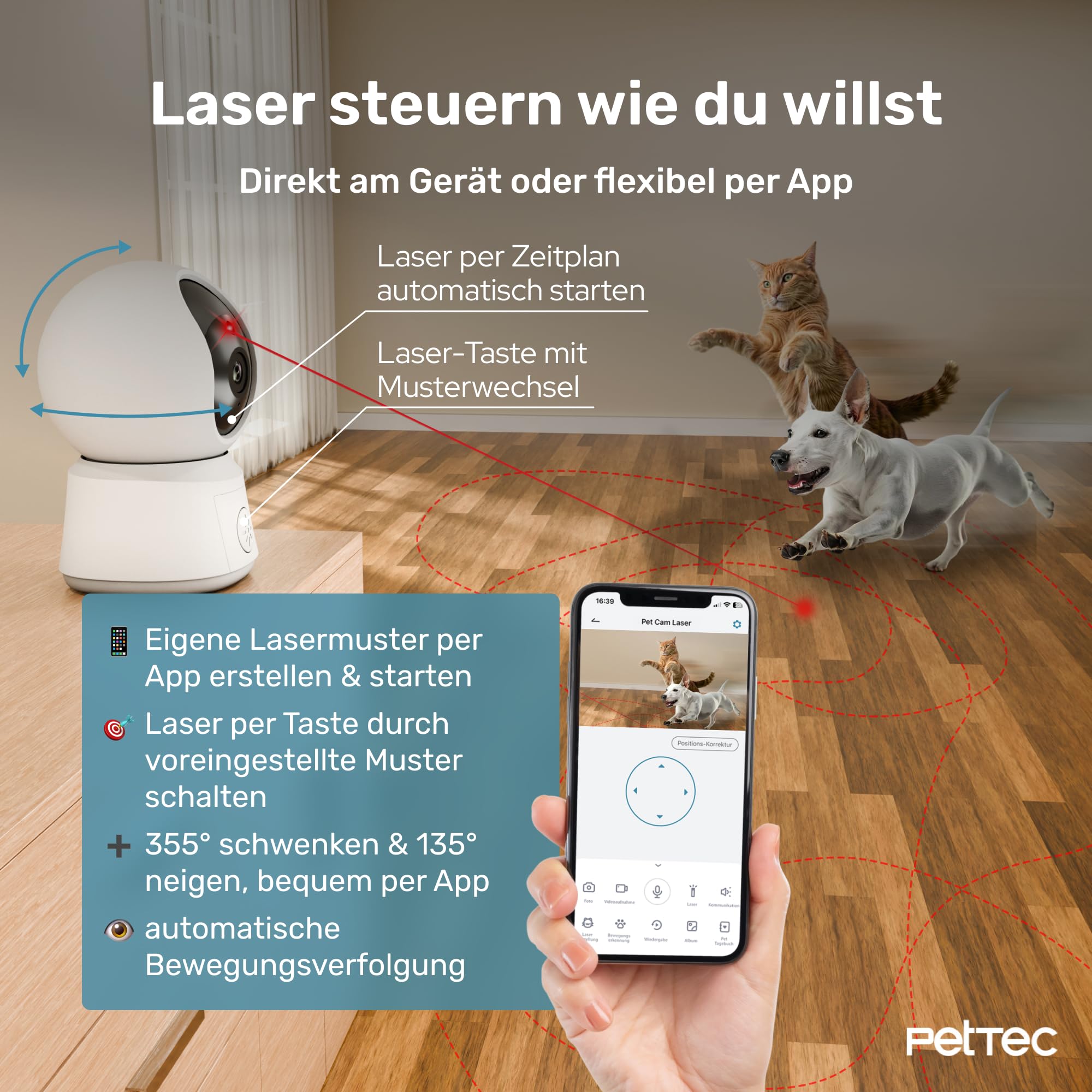 PetTec® Pet Cam Laser - Haustierkamera mit App [OHNE ABO-Falle] - Katzen Kamera Zuhause mit Bewegungserkennung & Nachtsichtfunktion - 4MP Rundumblick 360° Schwenken & Neigen - Katzenspielzeug