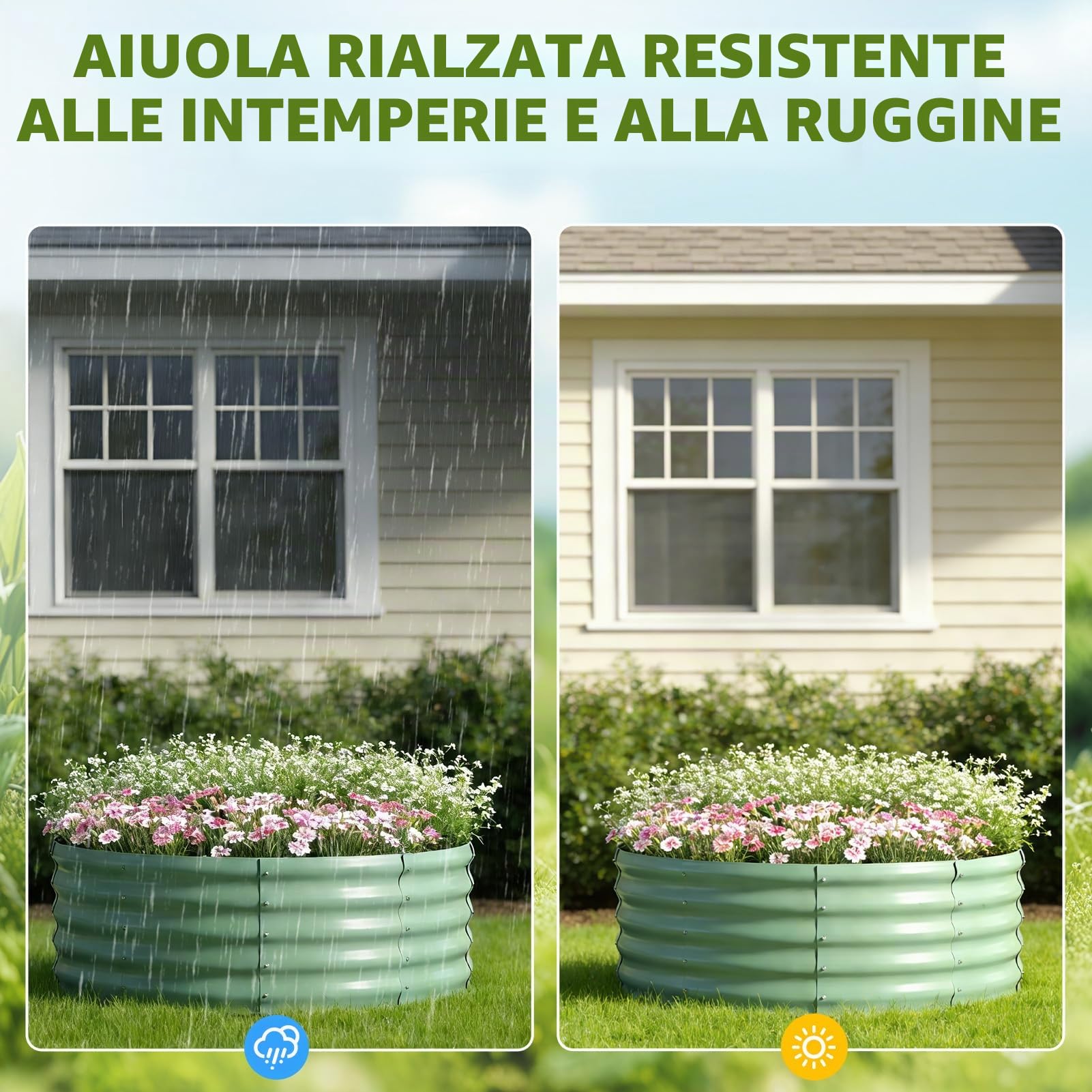 Aiuola rialzata in metallo 90 x 90 x 43 cm, aiuole rialzate in acciaio zincato per il giardino, aiuola per orto, aiuola rialzata per verdure, erbe aromatiche, fiori, verde chiaro, rotonda