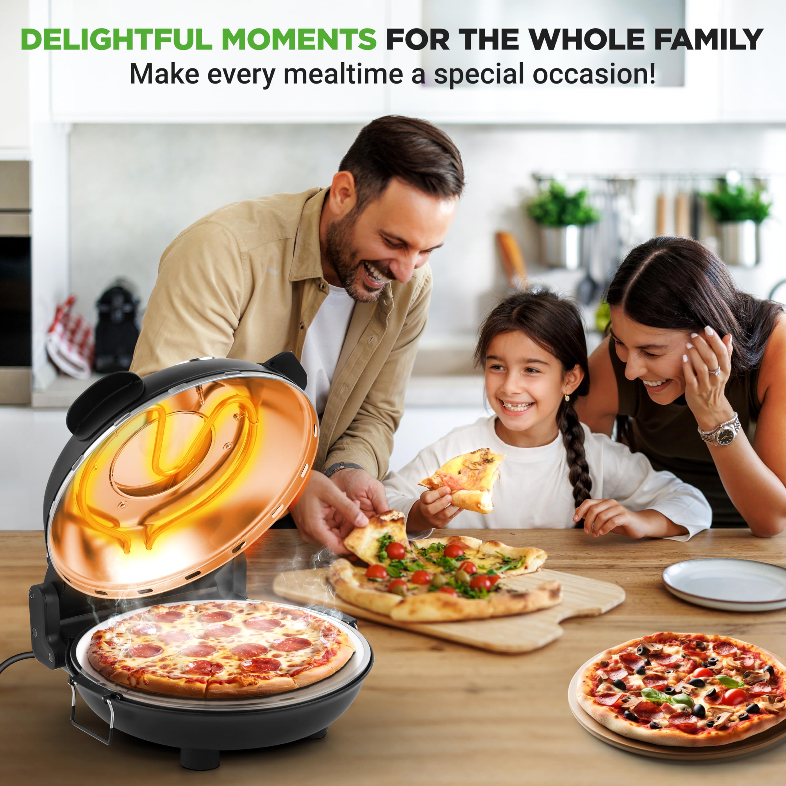 NutriChef Piekarnik elektryczny do pizzy 12” | Maker do pizzy na blat z kontrolą temperatury | Okno pieczenia | Podgrzewa do 800°F | Kamień nieprzywierający, łatwy do czyszczenia | Czarny