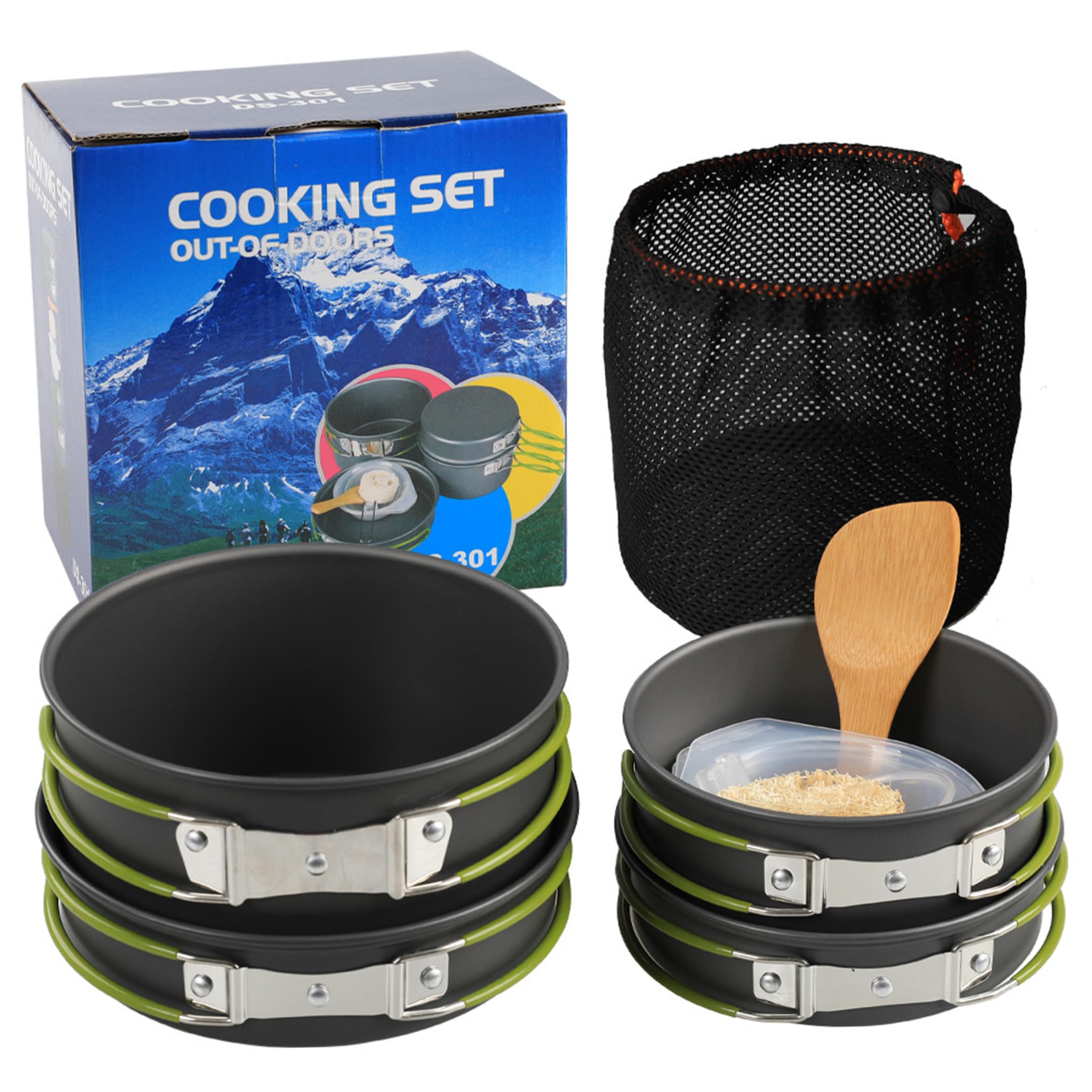 Juego de ollas y sartenes de camping, juego de cocina portátil para 2 a 3 personas, ollas y sartenes de aluminio ligero con asas plegables para senderismo y picnic